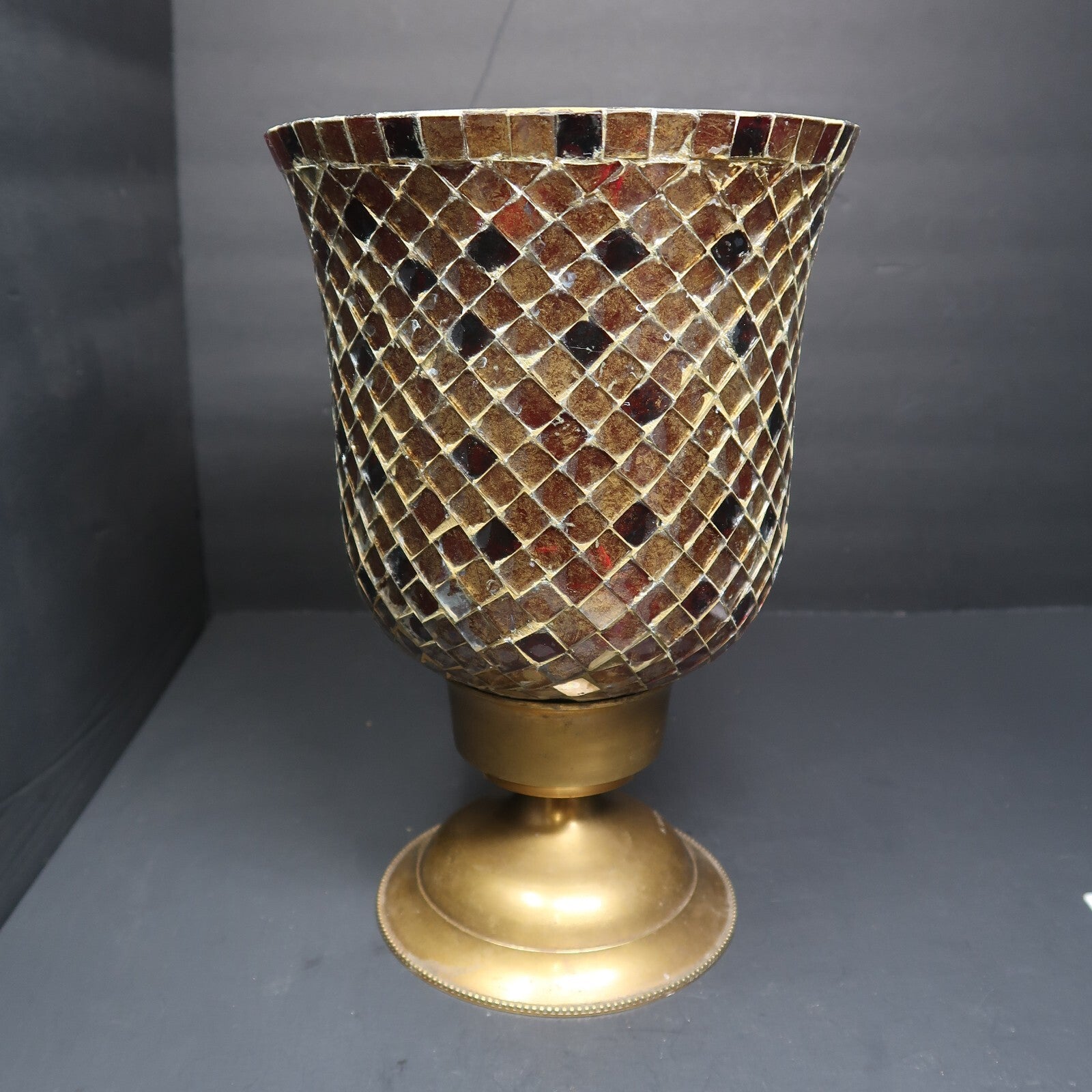 Mosaic Hurricane Candle Holder Stained Glass Brass Base 11”