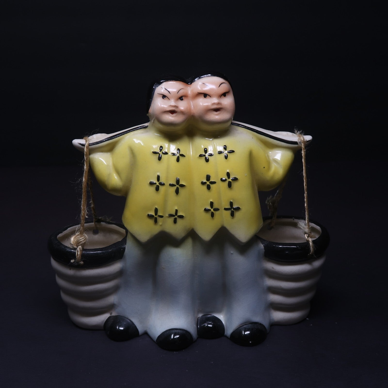 Vintage Chinese Ceramic Figurine Carrying Water Yoke With Buckets
