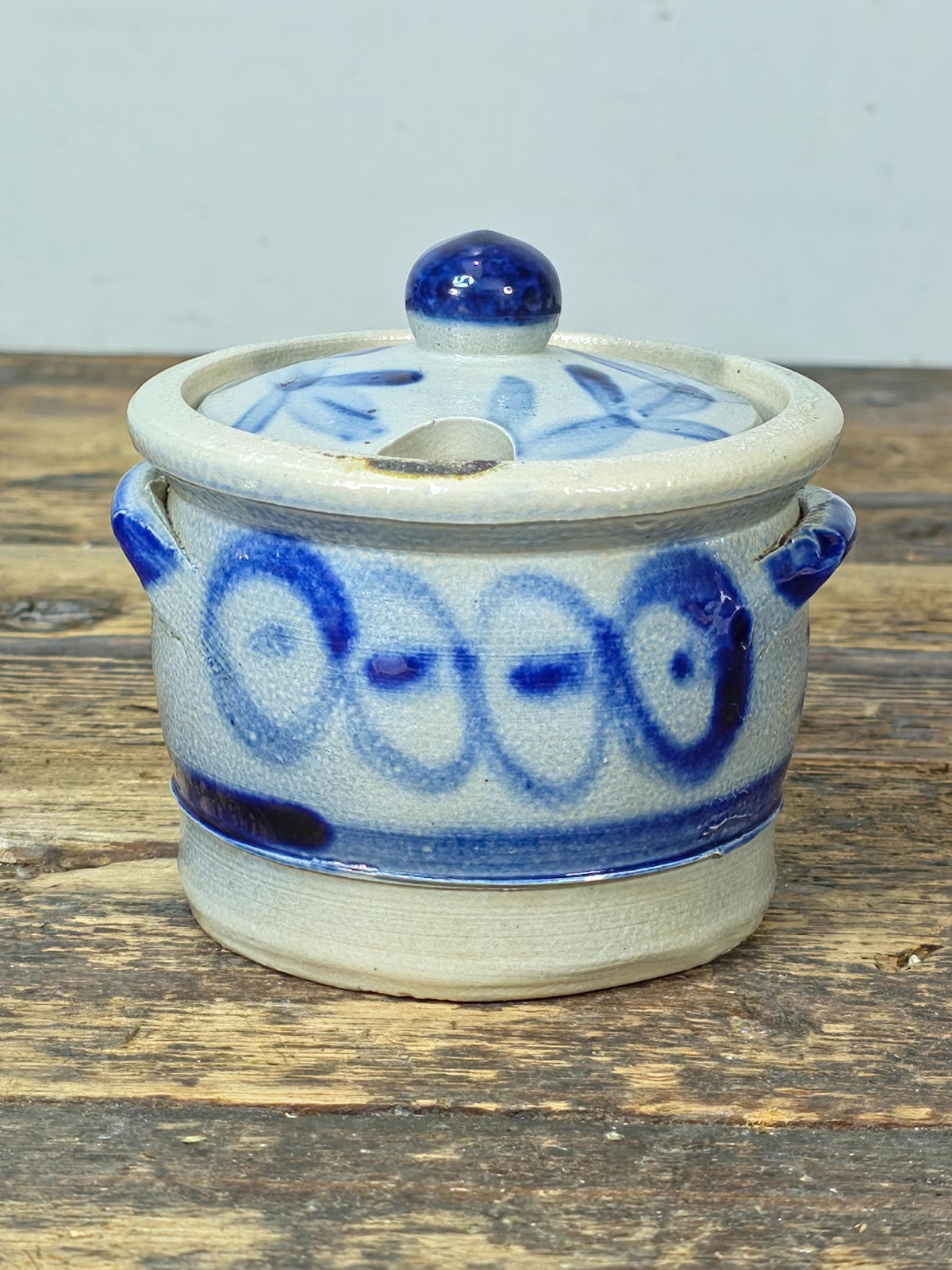 Small Blue & White Stoneware Crock with Lid – Hand Painted Folk Pottery 4" Jar