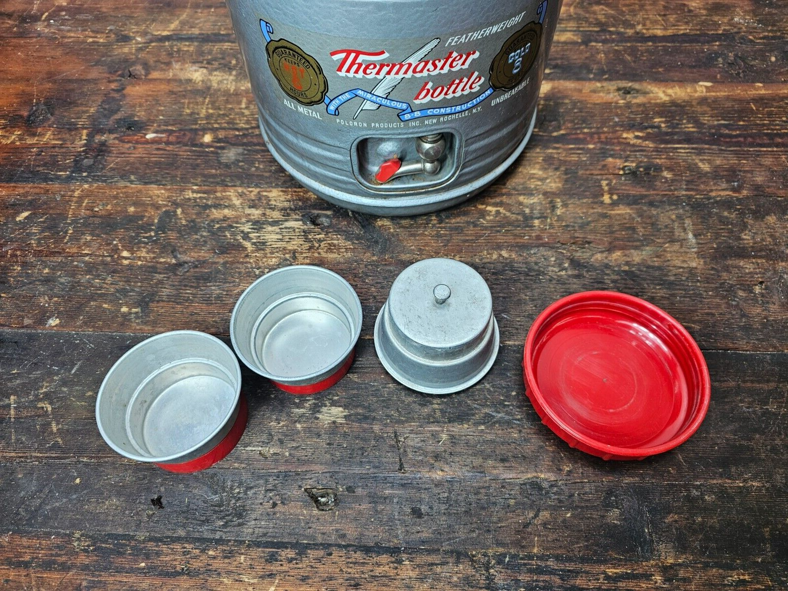 Vintage  1950s THERMASTER BOTTLE Featherweight Metal Cooler-2 Aluminum Cups USA
