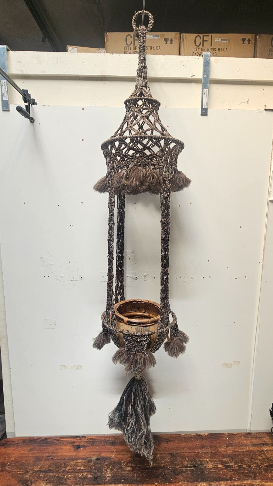 Macrame Wool Yarn Hanging Plant Holder With Ratten Bamboo Planter Boho 68" H