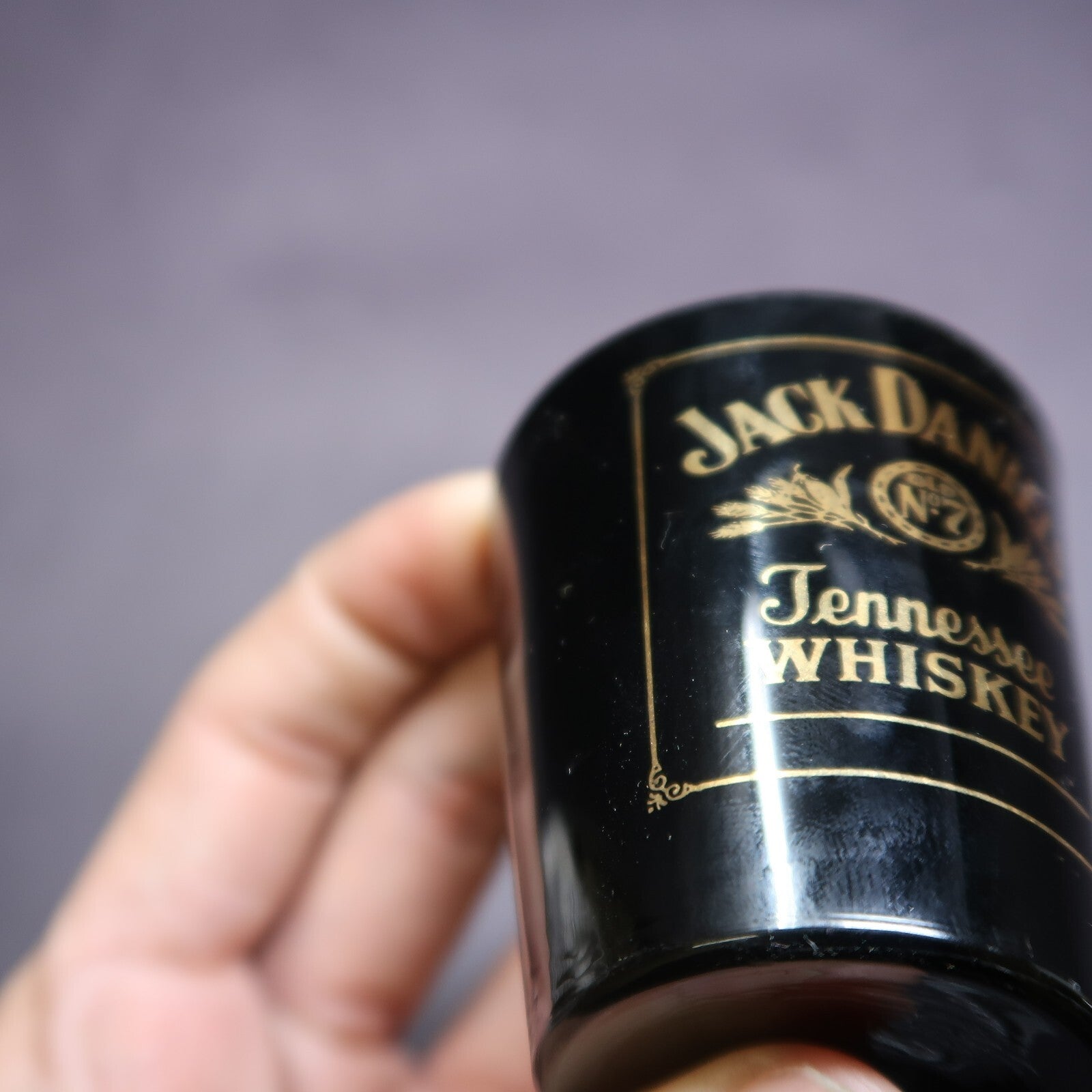 Jack Daniels Black Shot Glass Old No. 7 Gold Lettering H 2.3"