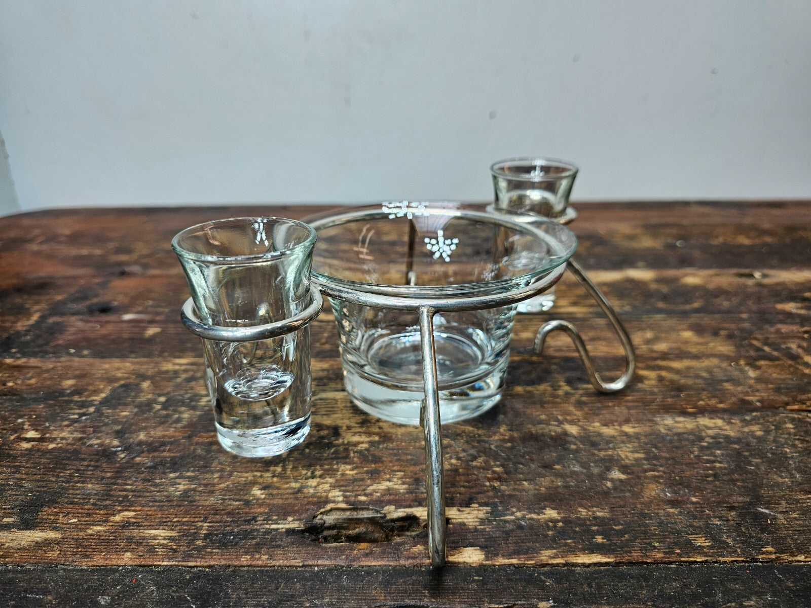 Mid Century Modern Anchor Hocking Glass Set Silver Plated Holder Stand