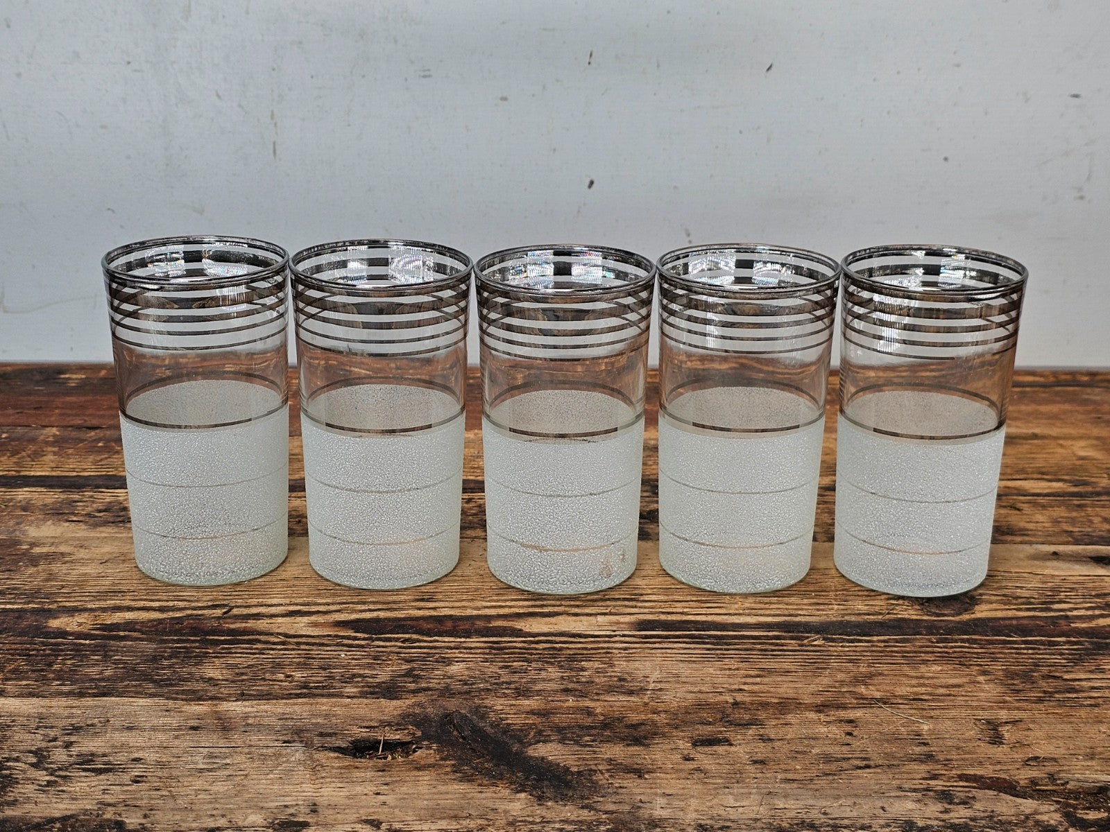 Set of 5 Vintage Mid-Century Modern Frosted & Silver Band Tumbler Glasses