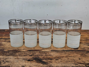 Set of 5 Vintage Mid-Century Modern Frosted & Silver Band Tumbler Glasses
