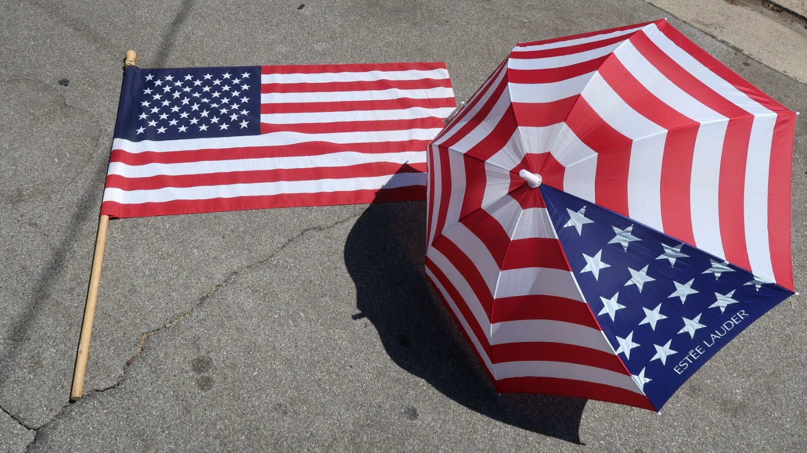 Set of 2 American Flag 30" x 51" With Pole & Estée Lauder American Flag Umbrella