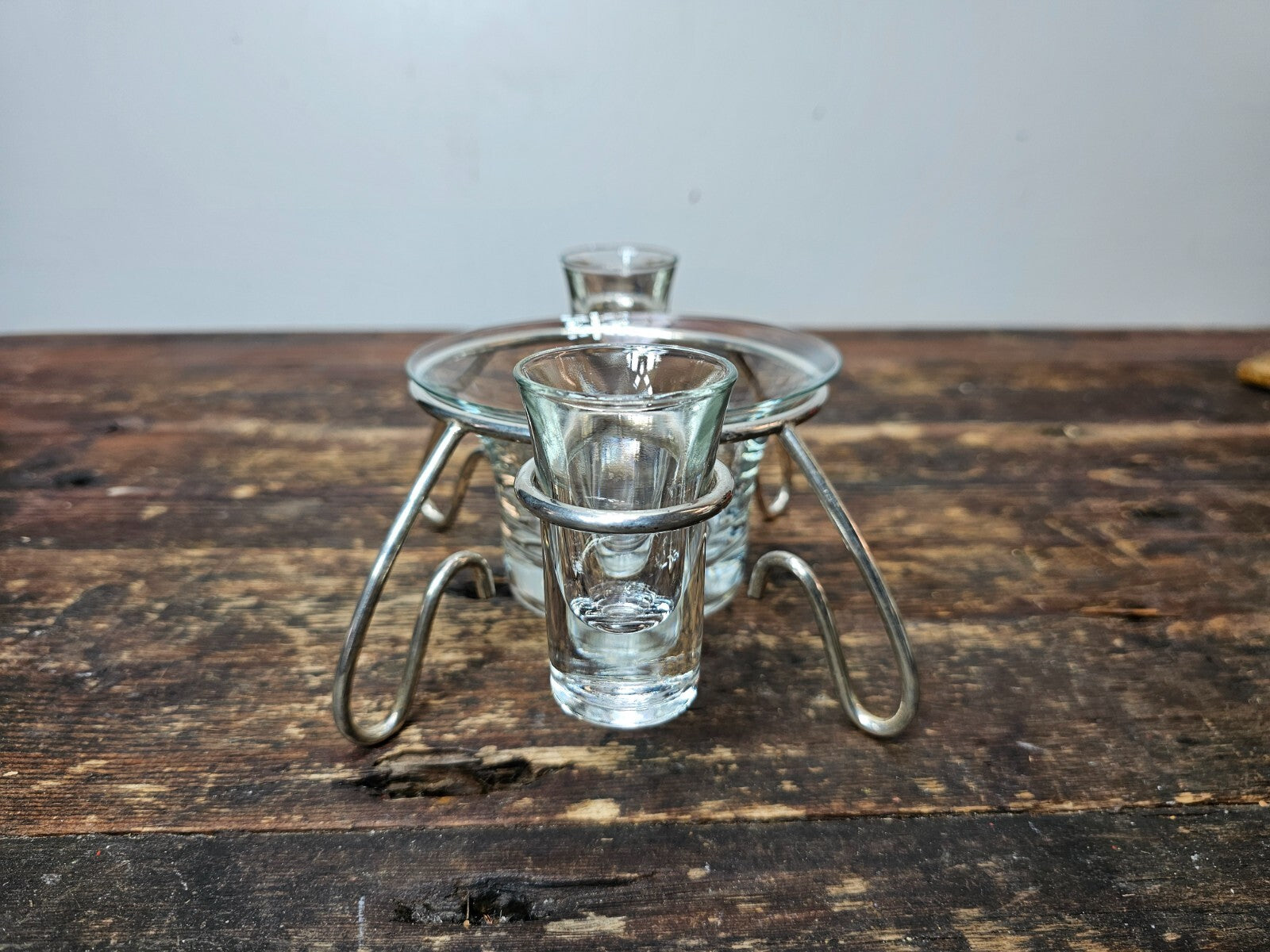 Mid Century Modern Anchor Hocking Glass Set Silver Plated Holder Stand