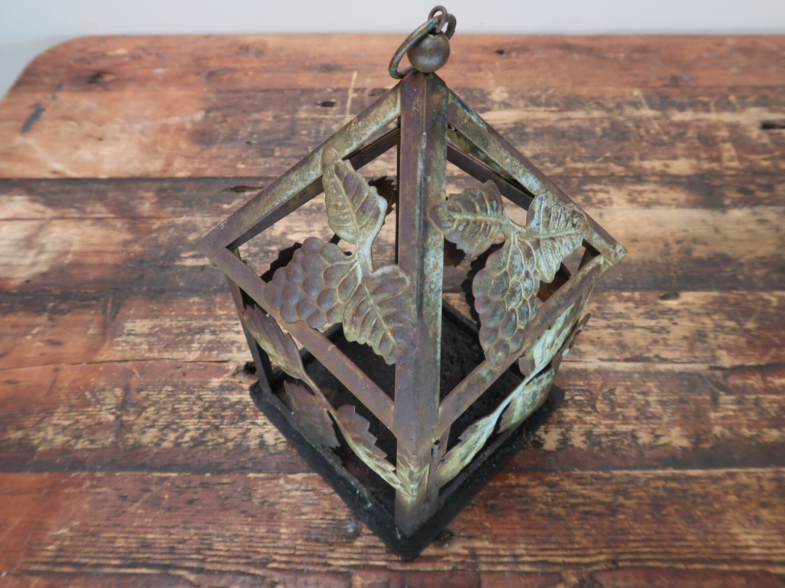 Metal Grape Motif Candle Lantern Weathered Rustic Lantern Patina 6" x 6" x H 10"