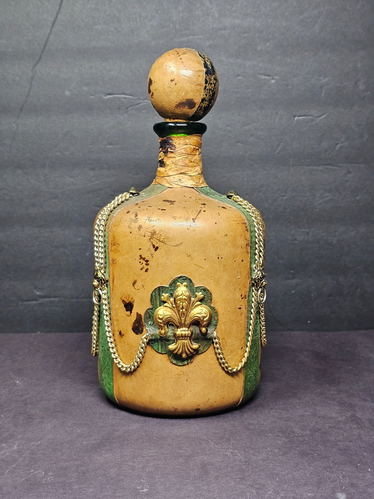 Vintage Leather Covered Decanter Bottle Italy Fleur de Lis Bar Decor