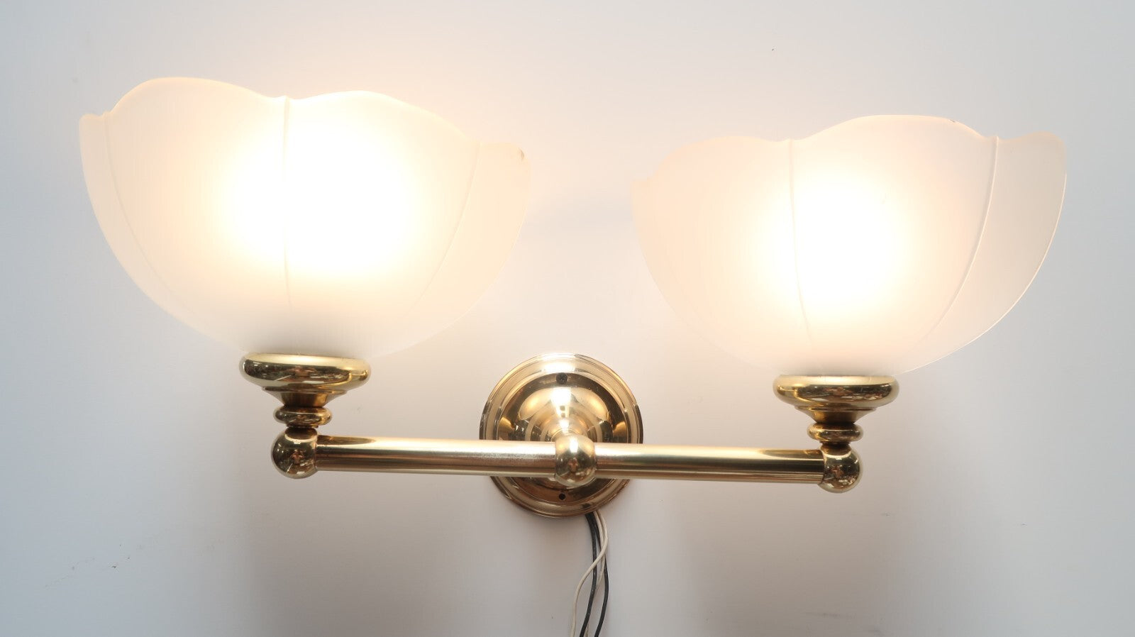 2 Light Brass Light Fixture With Frosted White Glass Lamp Shades Made In Spain