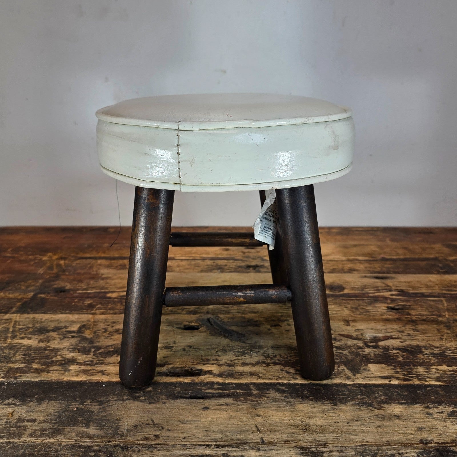 Vintage Wooden Stool with White Cushion (Continental Seat, Inc.) 10"Dia x 10.5"H