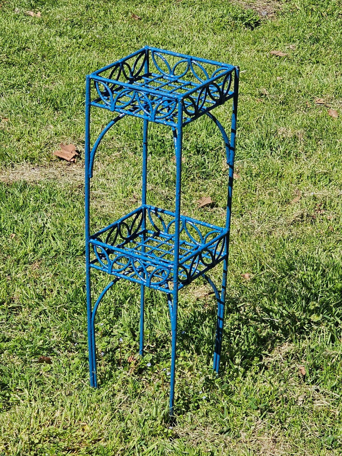 Mid-Century Blue Metal 2-Tier Plant Stand 8" x 8" x 28"H
