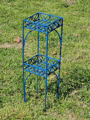 Mid-Century Blue Metal 2-Tier Plant Stand 8" x 8" x 28"H