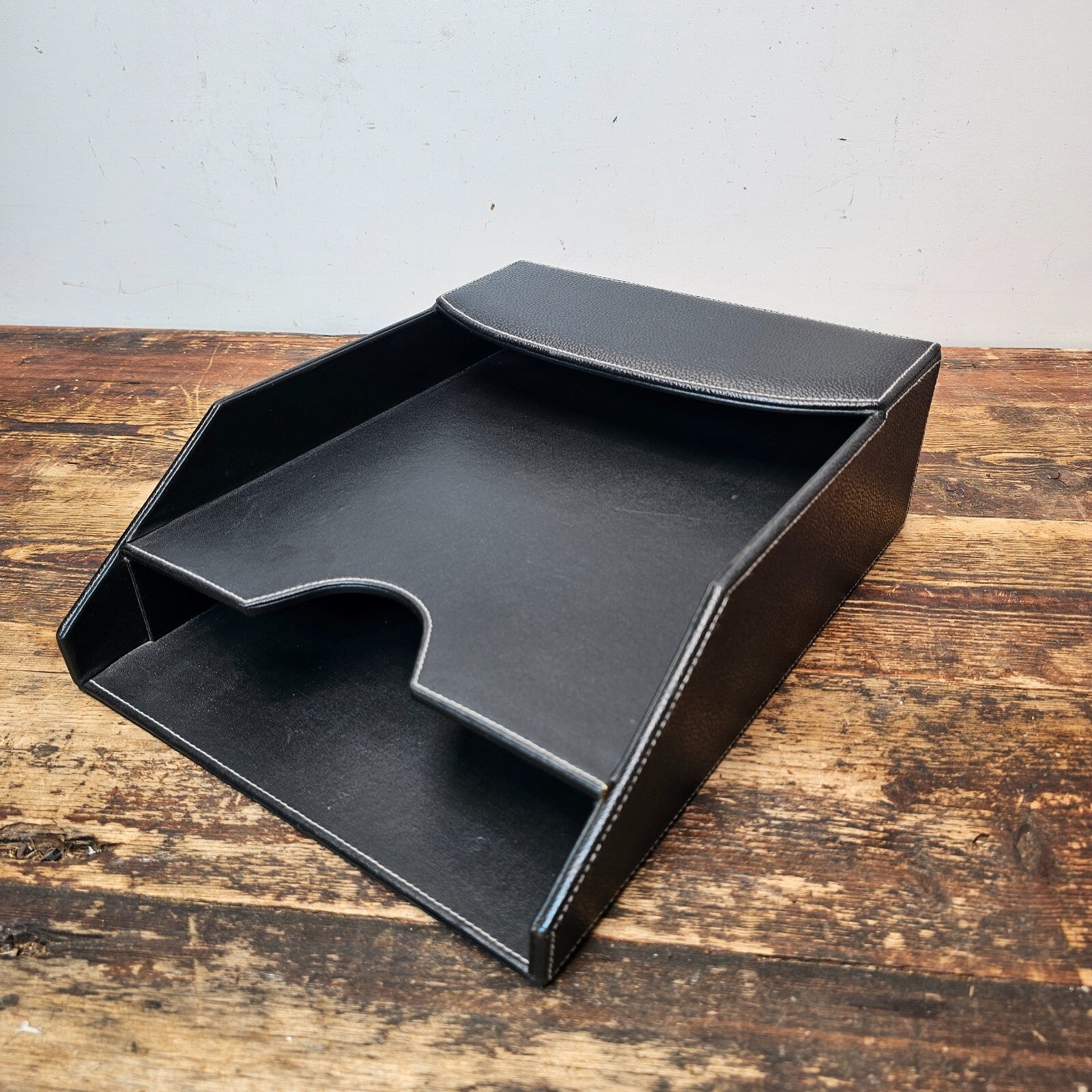 Black Leather Style Letter / Paper Tray Desk Organizer 13"L x 10"W x 4"H