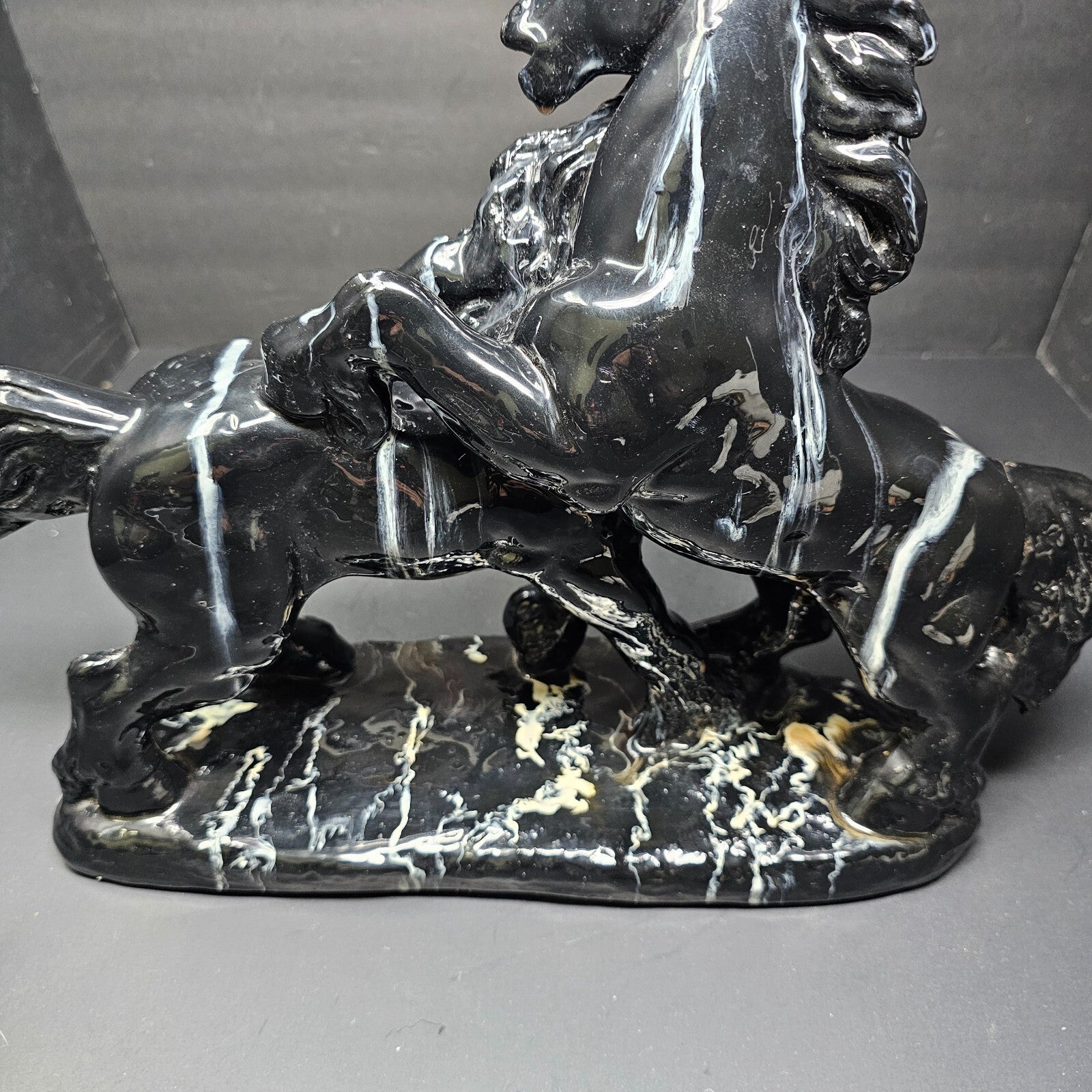 Two Black Stallions Sculpture Glazed Plaster Marble Swirl Statue Vintage