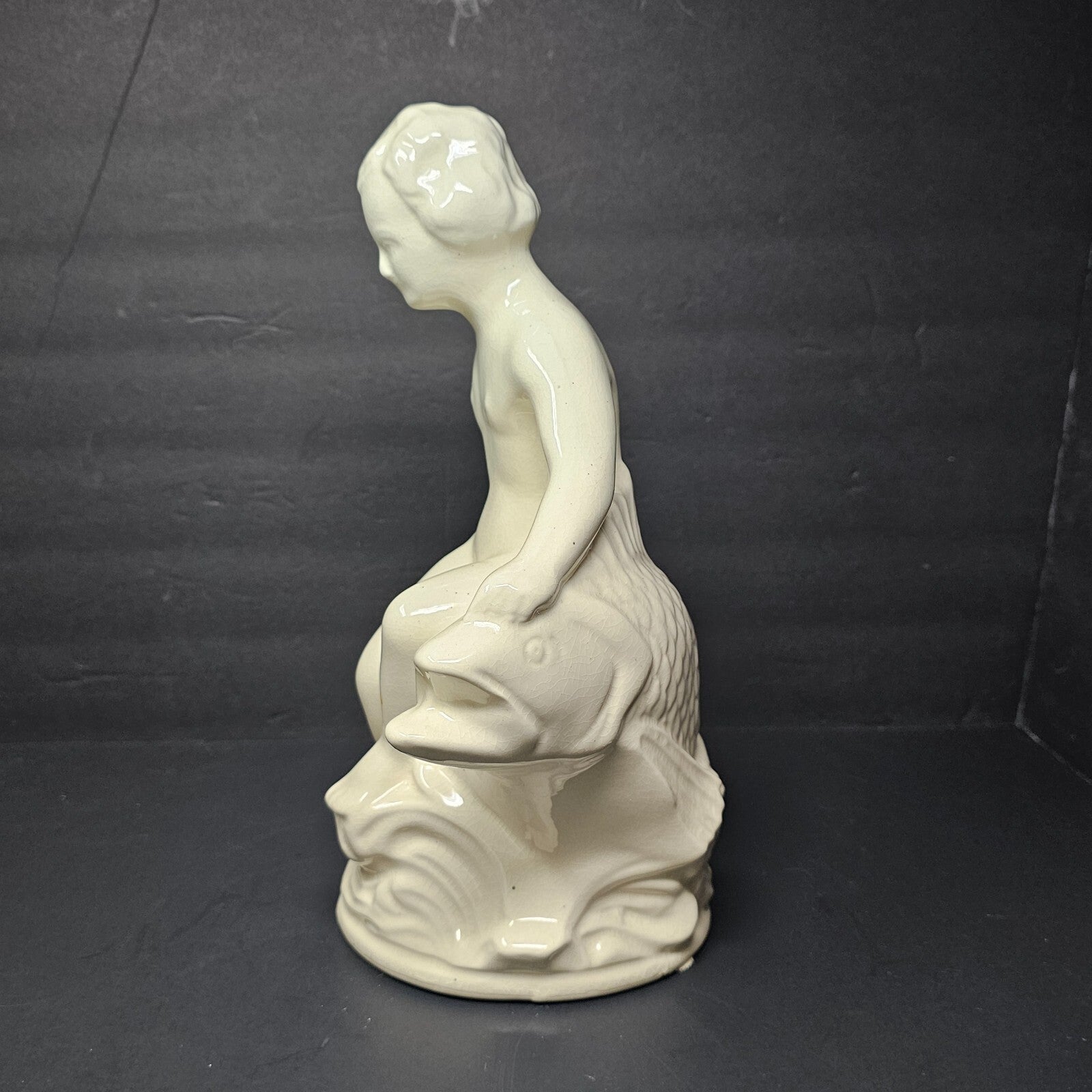 Pottery Statue By Robinson Ransbottom Boy Seated on Fish Bird Bath Insert 12.5"