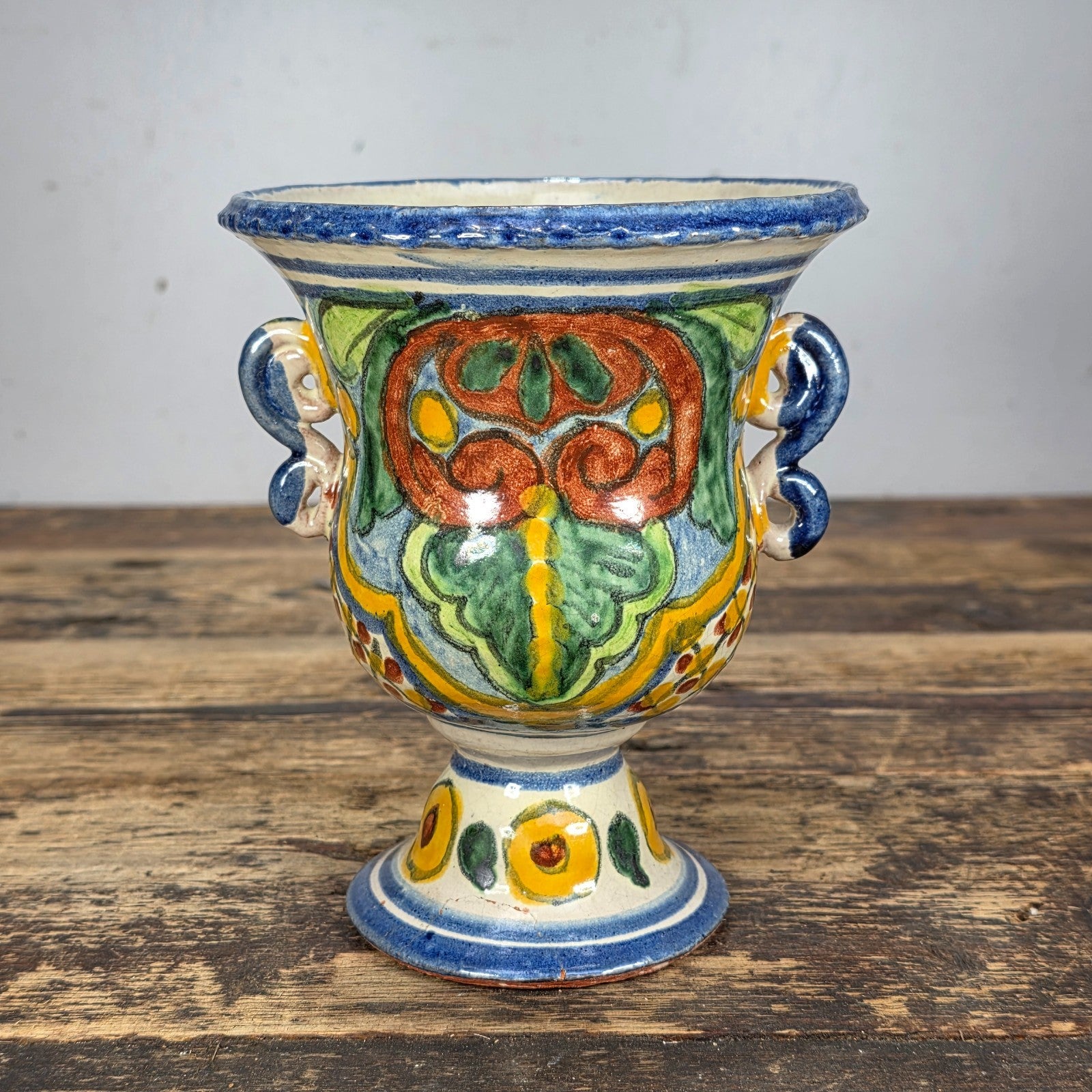 Vintage Mexican Talavera Hand-Painted Chalice Vase / Goblet Form Pottery
