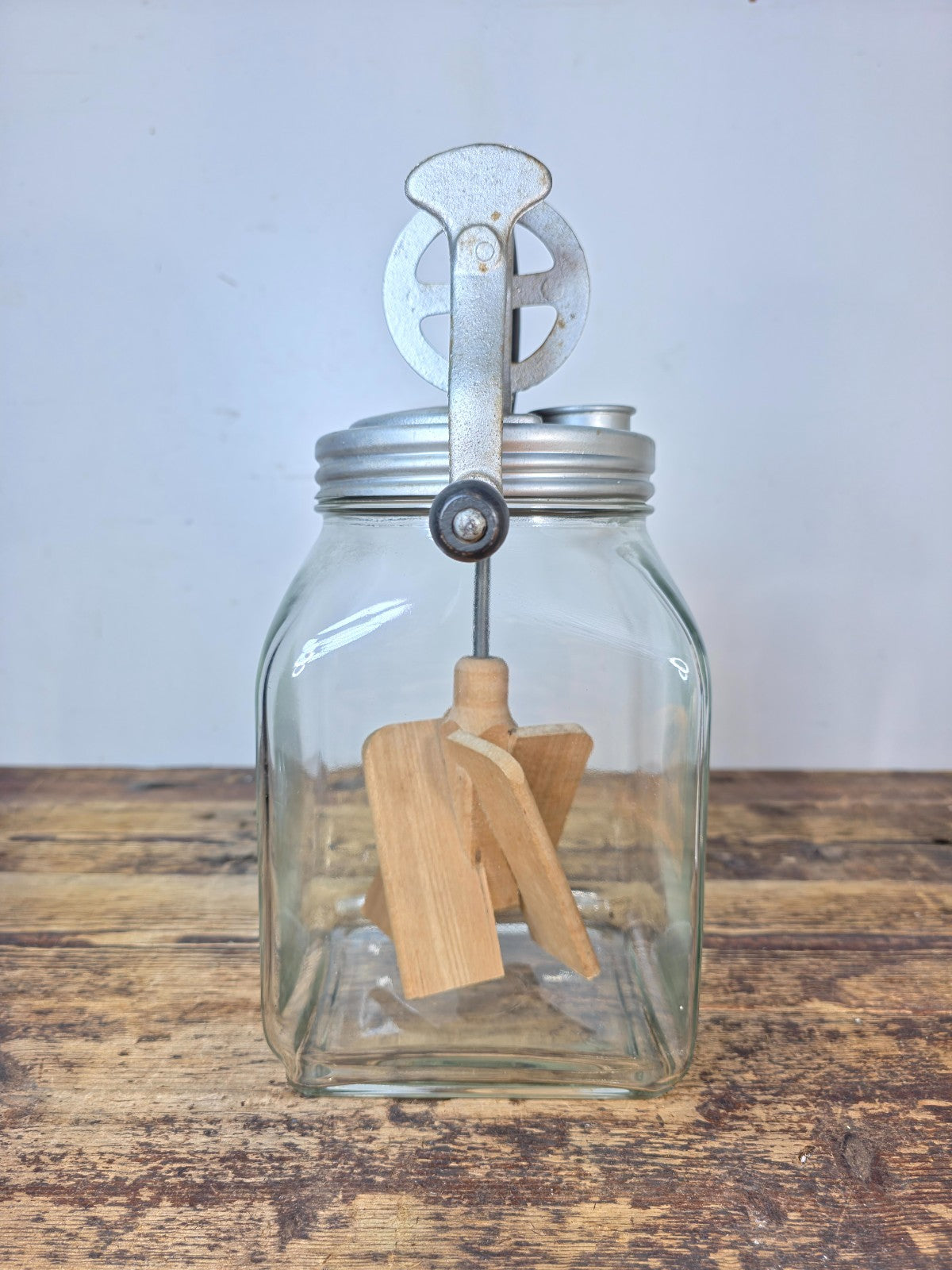 Vintage 4-Quart Glass Butter Churn with Hand-Crank Gear — FC Marked