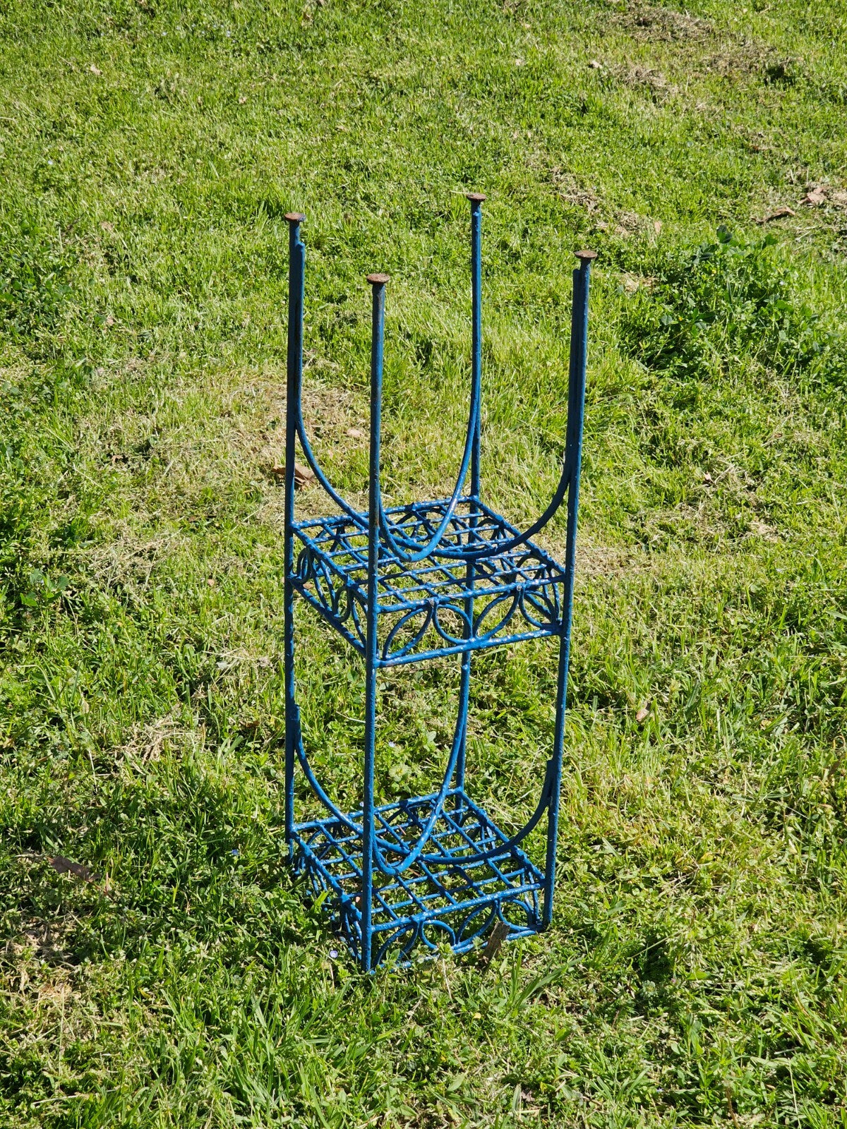 Mid-Century Blue Metal 2-Tier Plant Stand 8" x 8" x 28"H