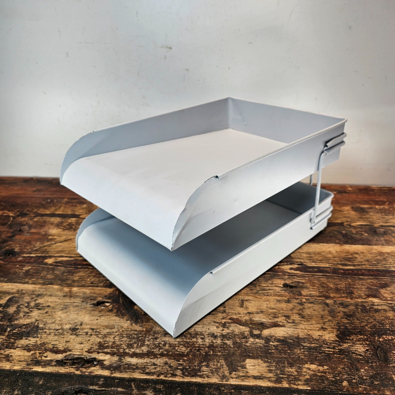 Vintage Pale Blue 2-Tier Industrial Metal Paper Tray / Desk Organizer