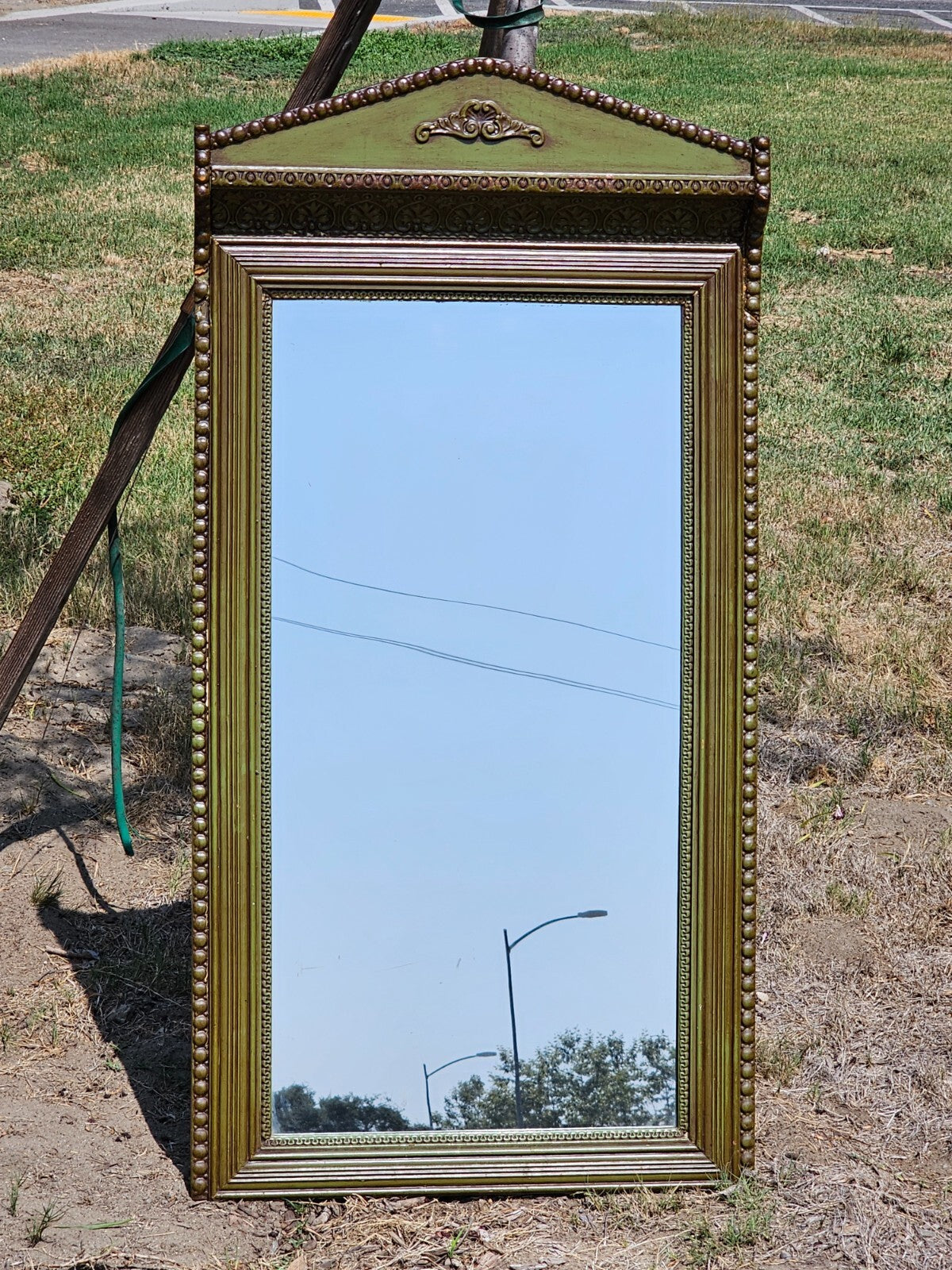 Antique Green Carved Wood Wall Mirror 54" Tall x 27.25" Wide x 4" D