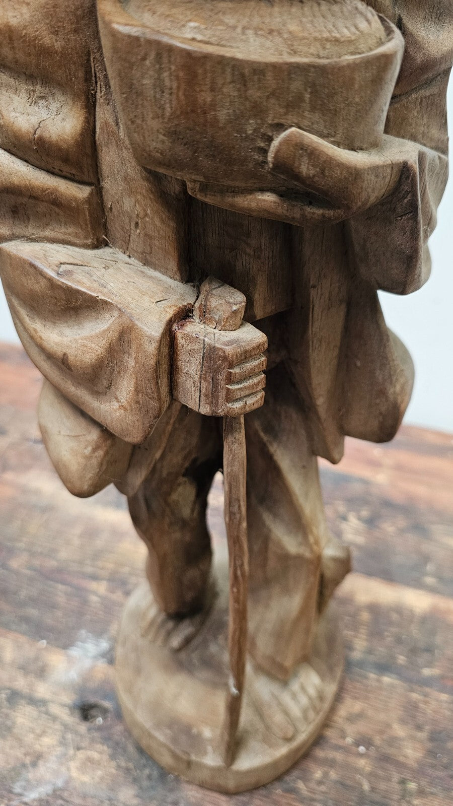 Vintage Hand Carved Solid Wood Figure Traveler With Cat Statue Vagabond 20" Tall