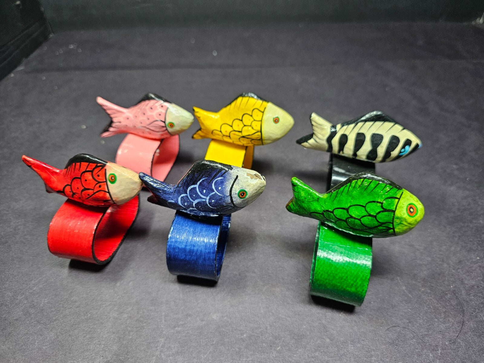 Set of 6 Colorful Hand Painted Teak Wood Fish Napkin Rings