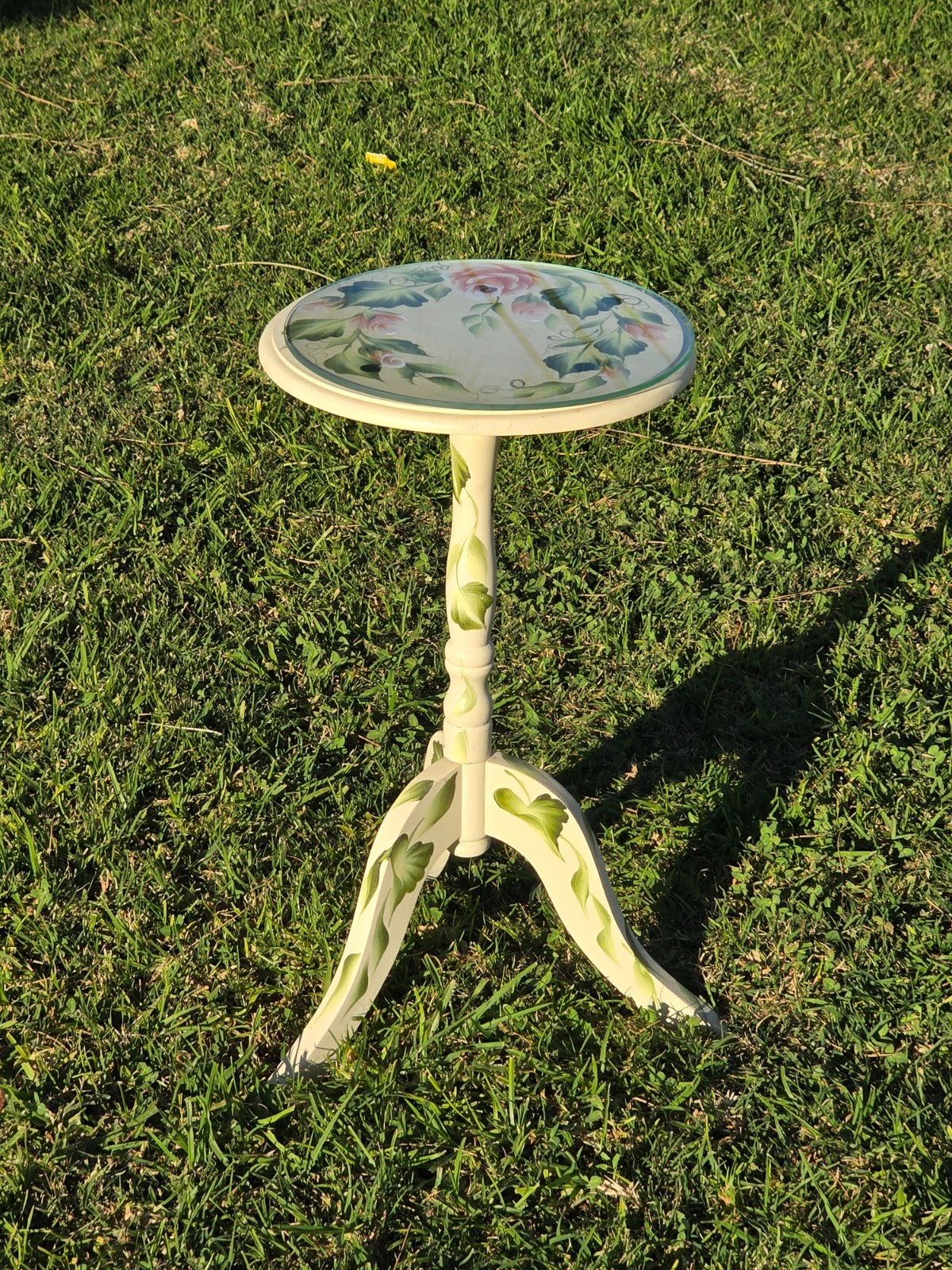 Hand Painted Floral Accent Table Signed Rosetta w/ Glass Top 22"