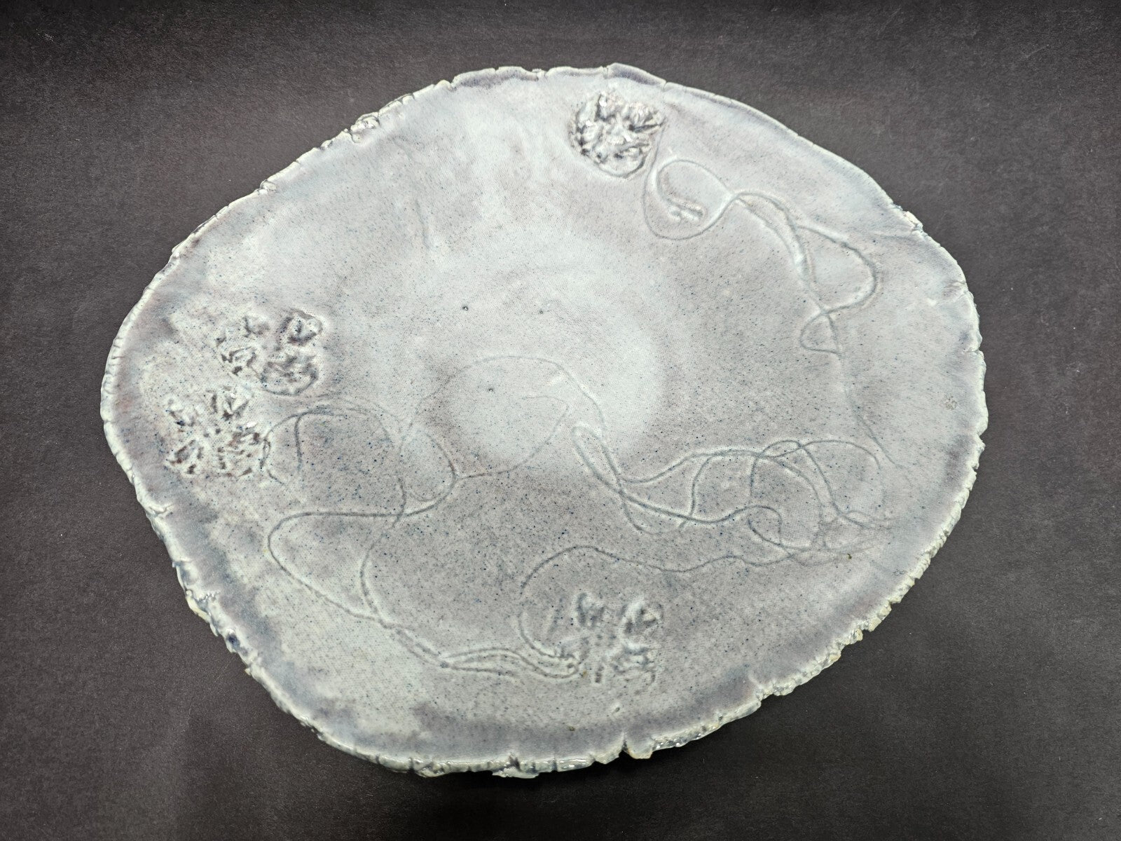 Vintage Studio Art Pottery Japanese Style Gray Plate Floral Design 12.5" x 13.5"