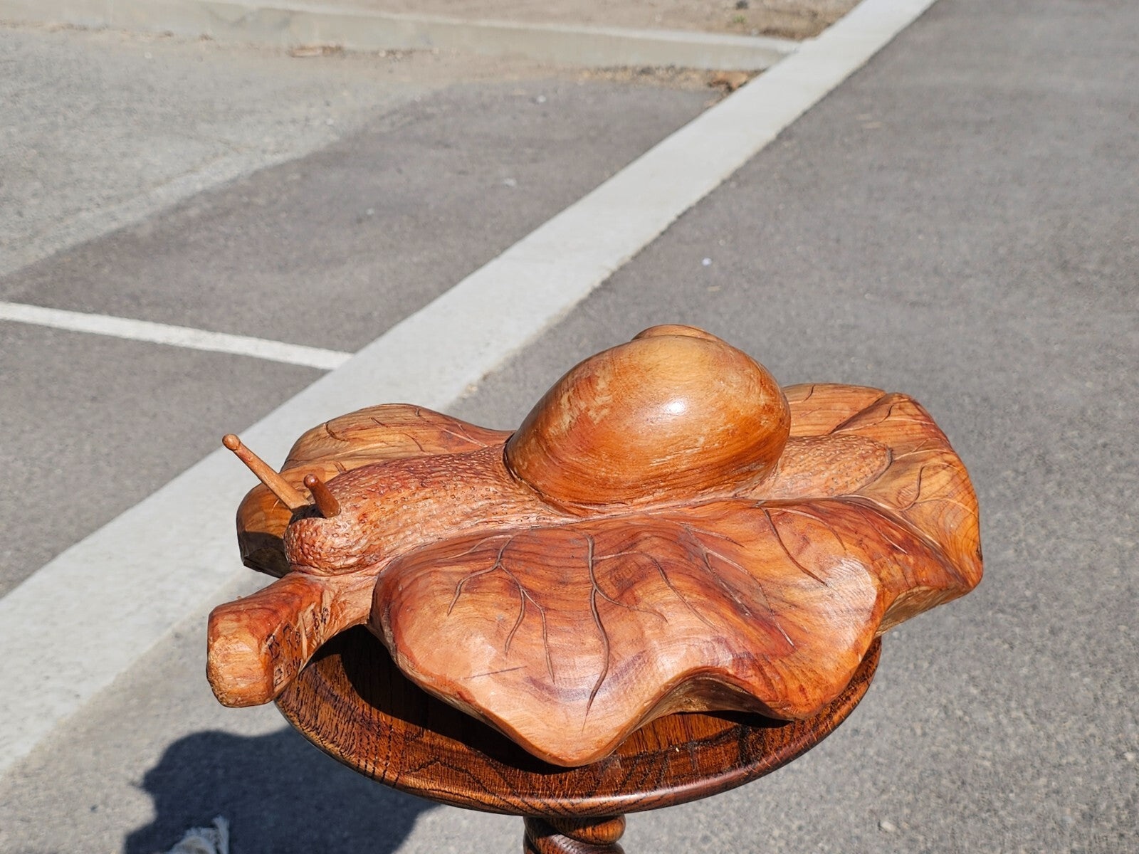 Handcrafted Wooden Snail on Leaf Sculpture Signed 19"L x 11"W x 5.5"H