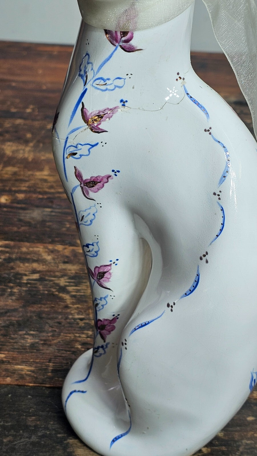 Vintage Porcelain Cat Figurine Hand-Painted Floral Signed 12" H (Has Damages)