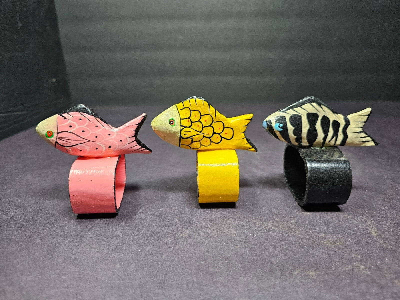 Set of 6 Colorful Hand Painted Teak Wood Fish Napkin Rings