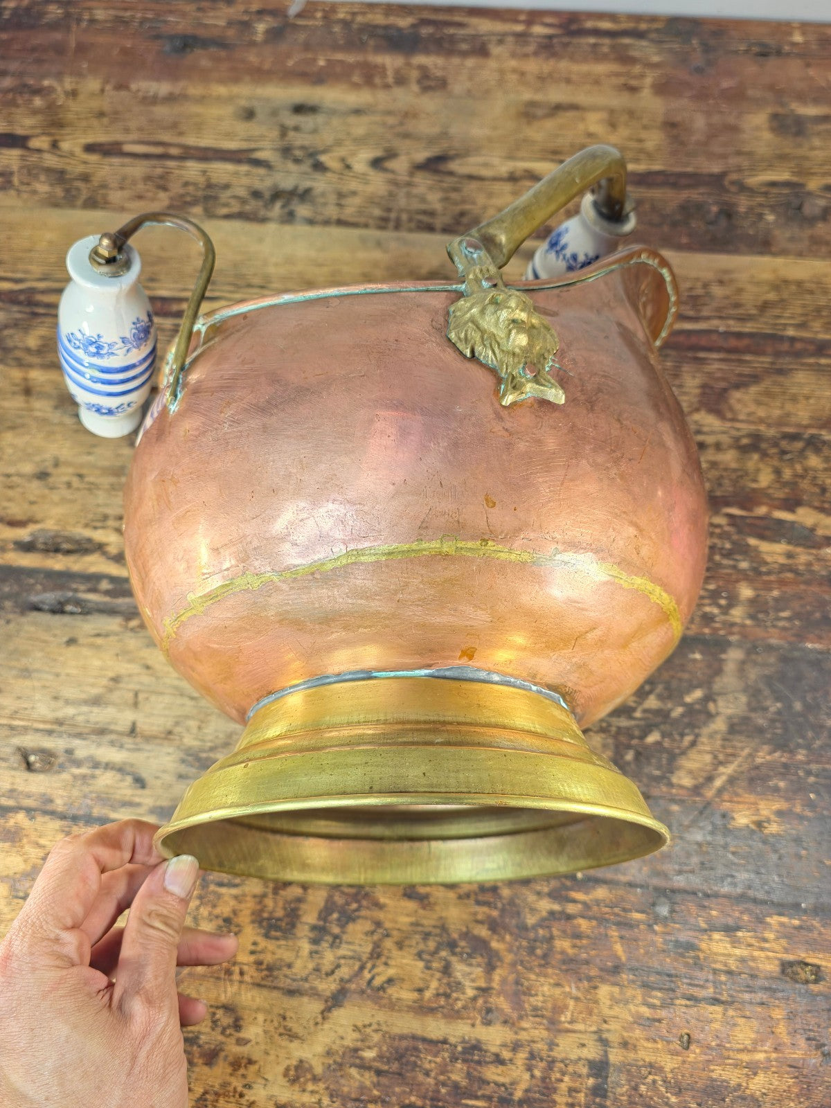 Vintage Copper & Brass Coal Scuttle w/ Delft-Style Ceramic Handles & Lion Heads