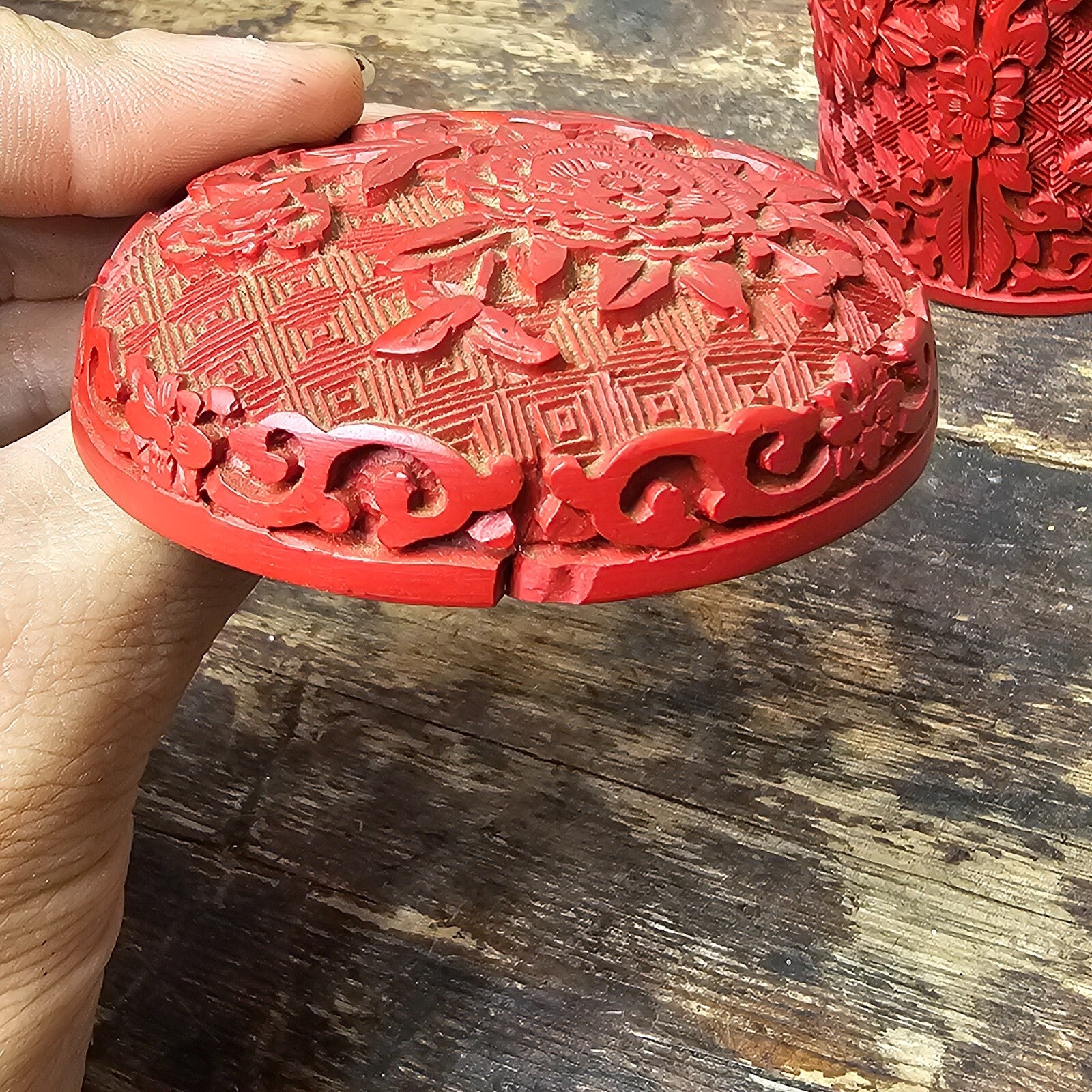 Vintage Chinese Cinnabar Round Canister Jar Kempinski Hotel Beijing in China