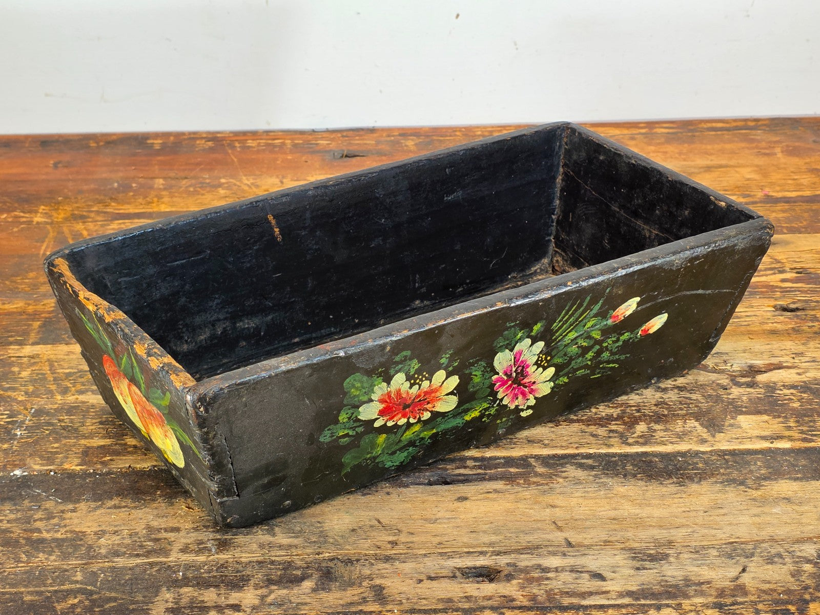 Antique Hand-Painted Wooden Box with Floral and Fruit Motif