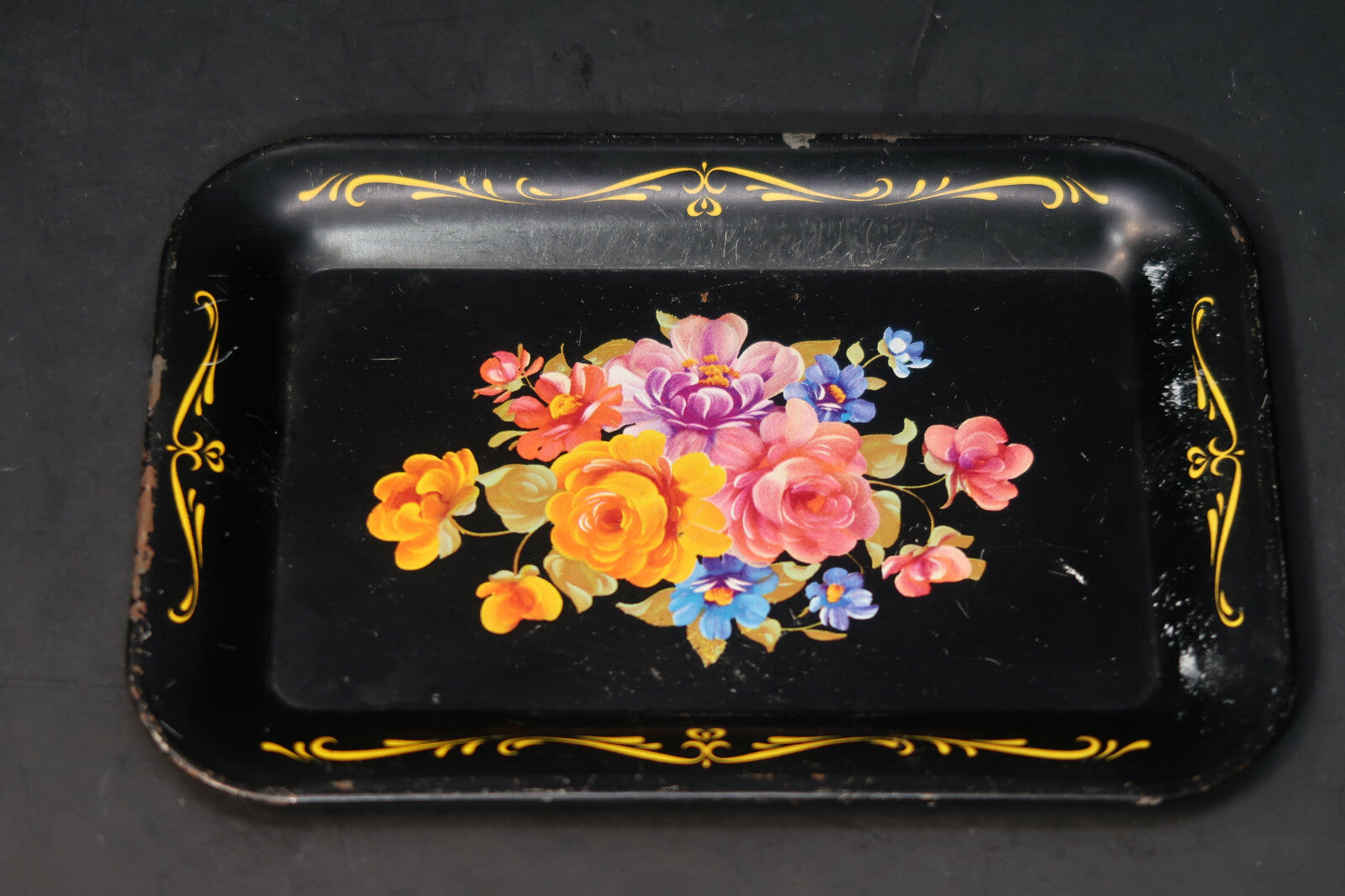 Vintage Small Metal Tray Trinket Tray Floral Print Black 6.5" x 4.5"