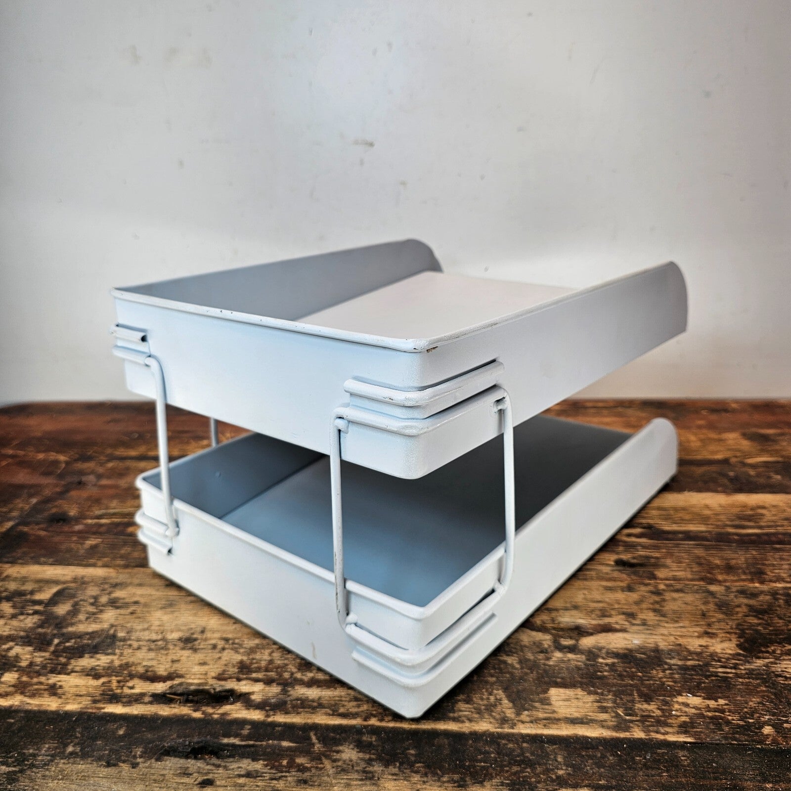 Vintage Pale Blue 2-Tier Industrial Metal Paper Tray / Desk Organizer
