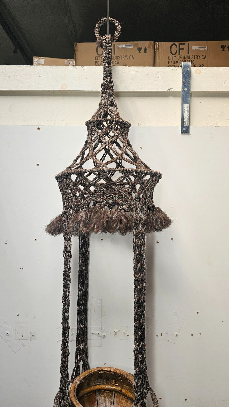 Macrame Wool Yarn Hanging Plant Holder With Ratten Bamboo Planter Boho 68" H