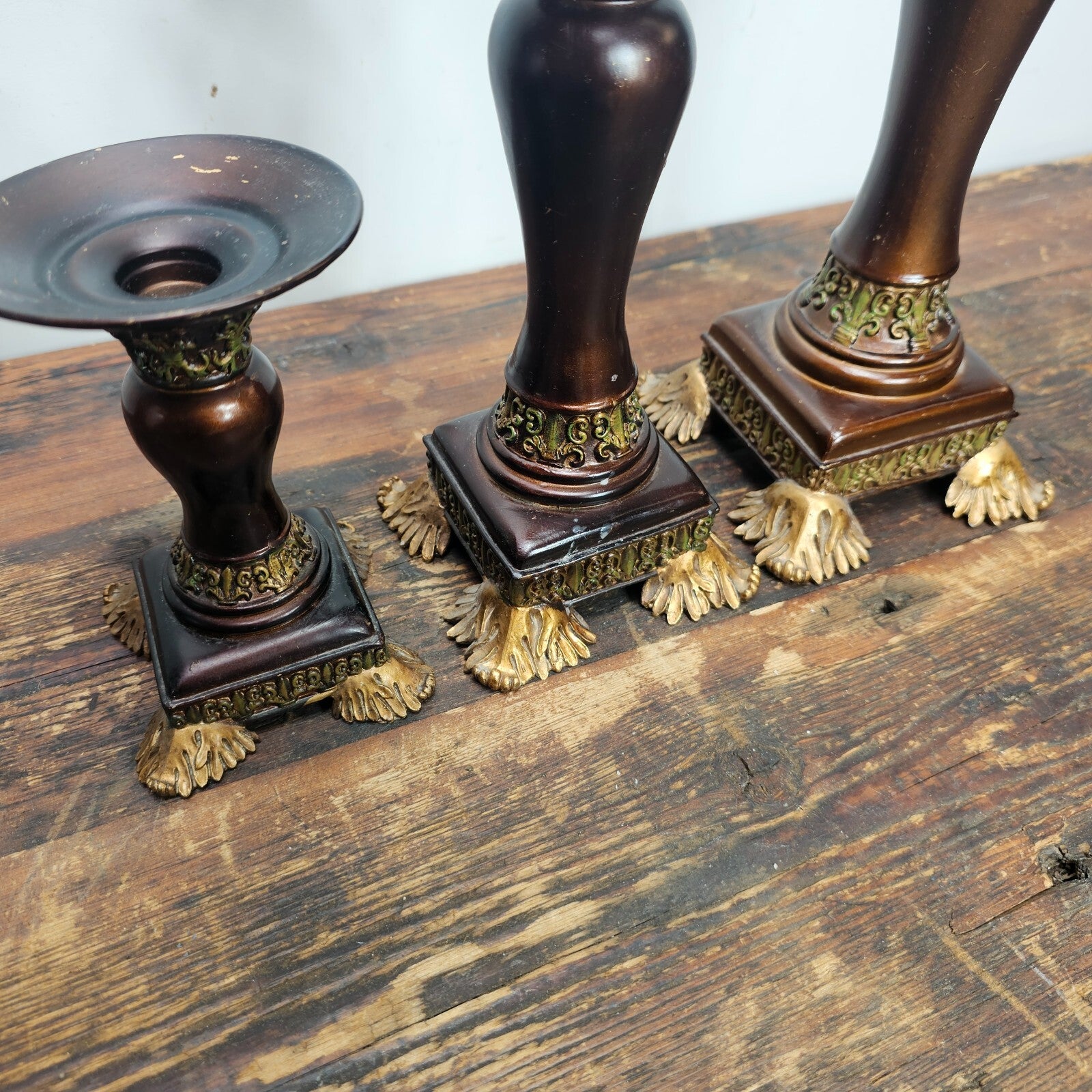 Set of 3 Ornate Resin Candle Holders With Metal Candle Drip Tray