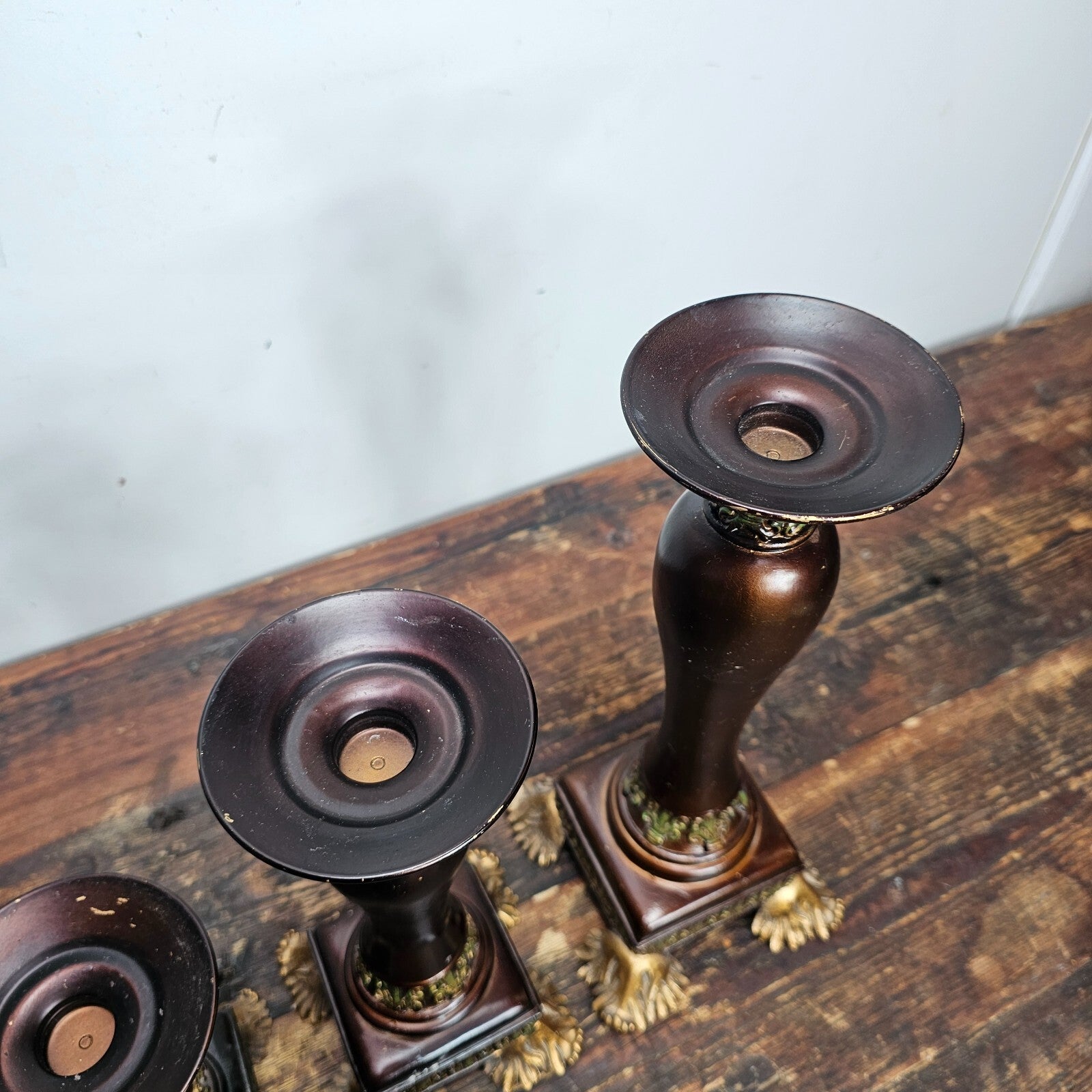Set of 3 Ornate Resin Candle Holders With Metal Candle Drip Tray