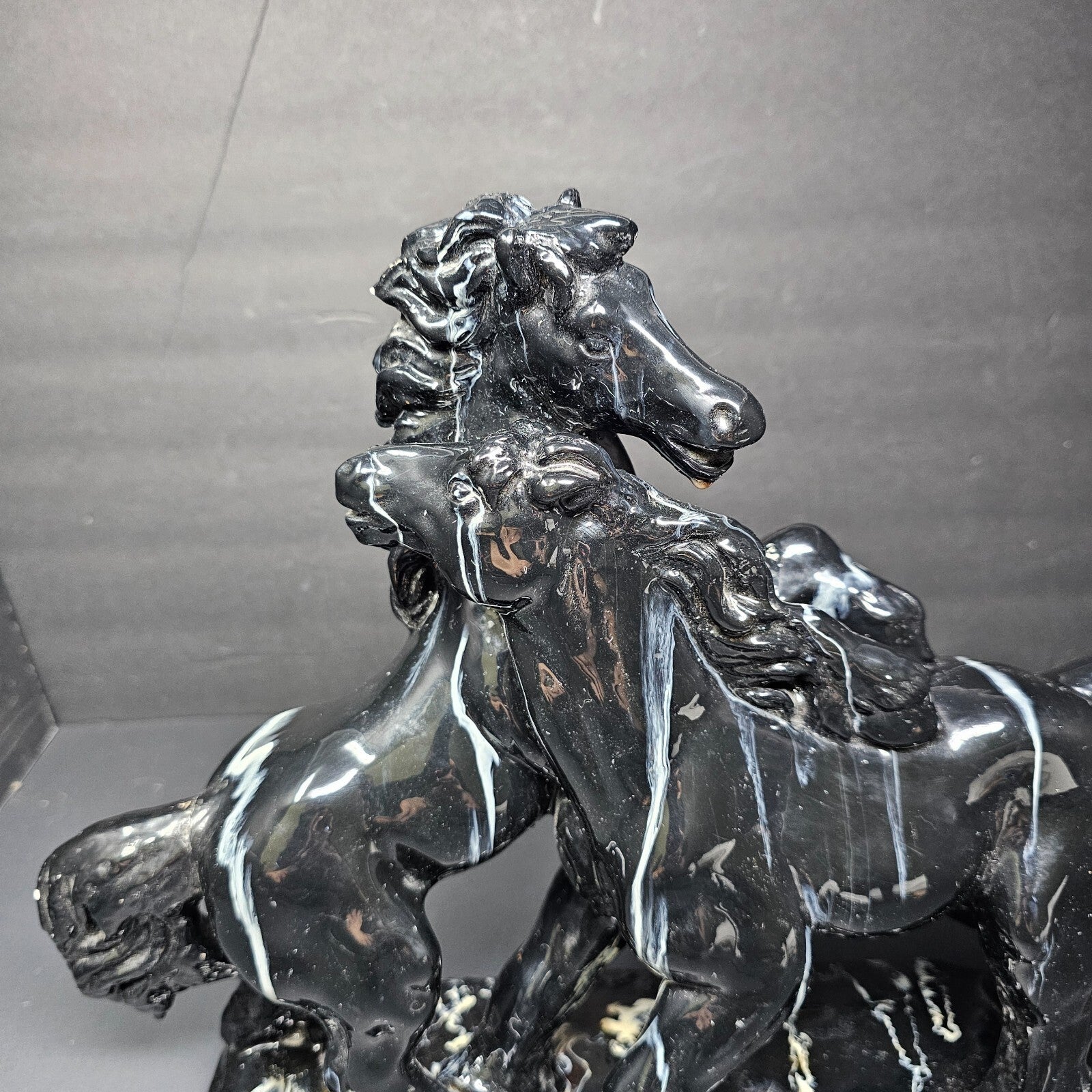 Two Black Stallions Sculpture Glazed Plaster Marble Swirl Statue Vintage