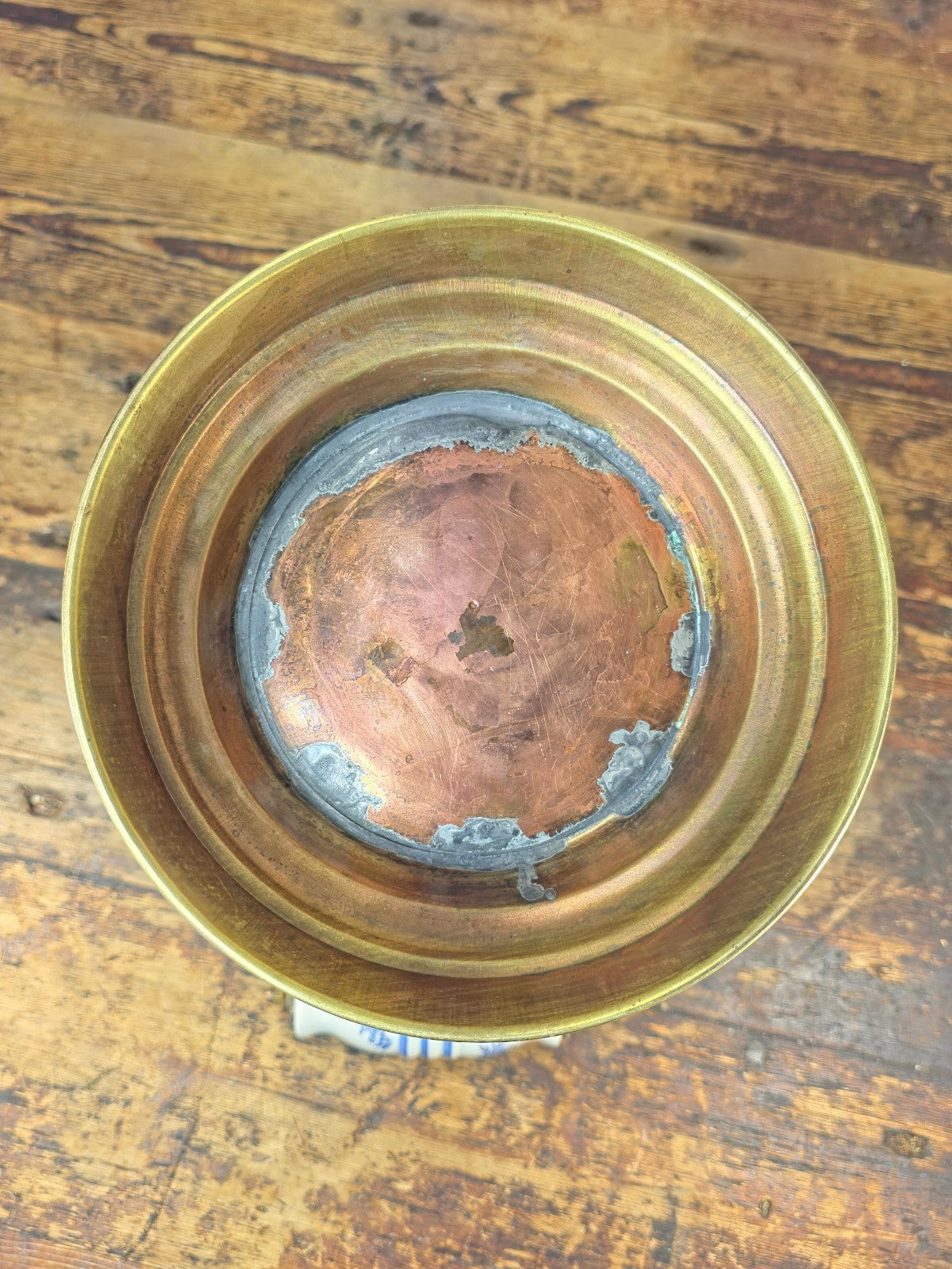 Vintage Copper & Brass Coal Scuttle w/ Delft-Style Ceramic Handles & Lion Heads