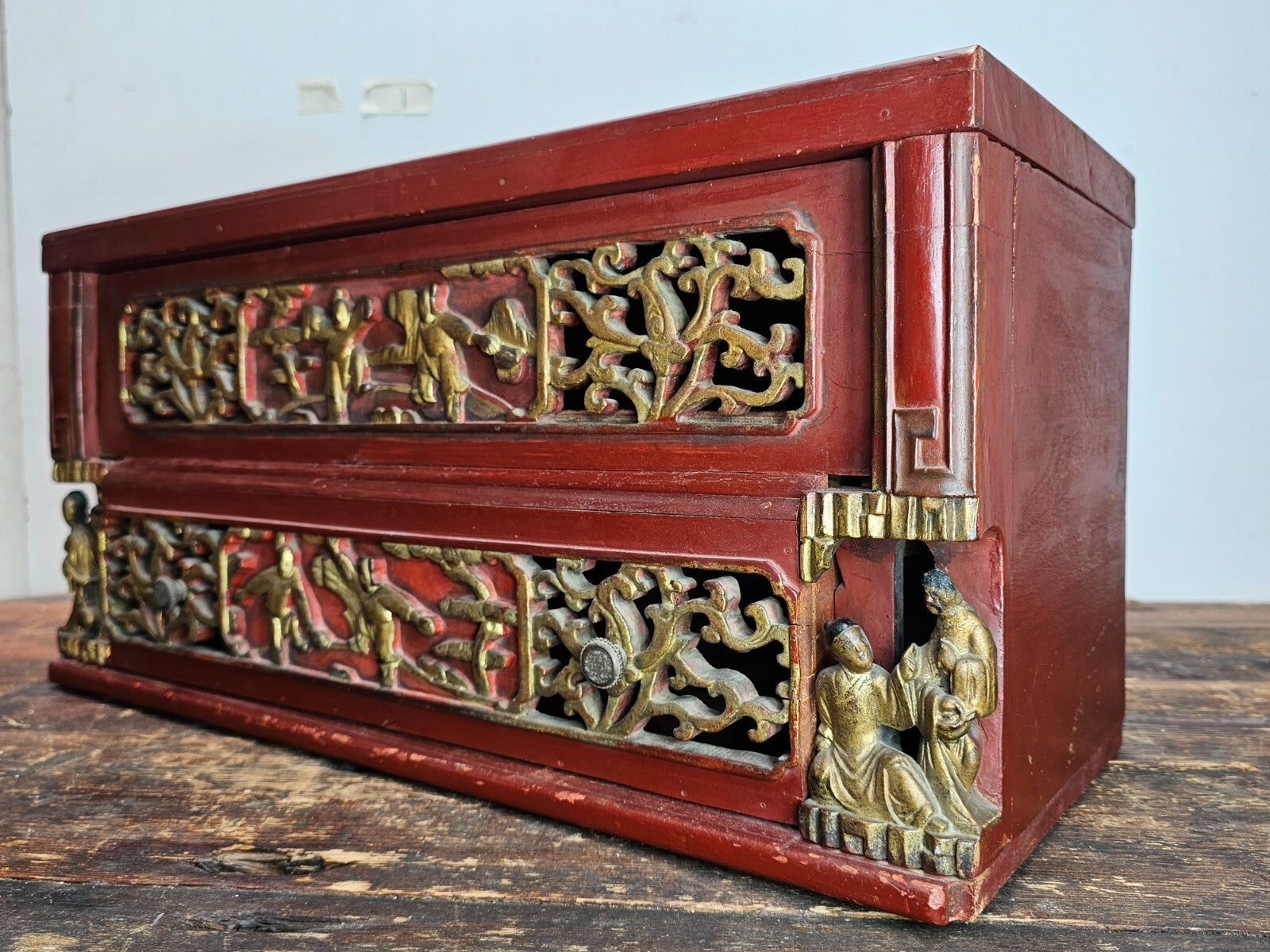 Antique Chinese Red & Gilt Carved Wood Chest Box