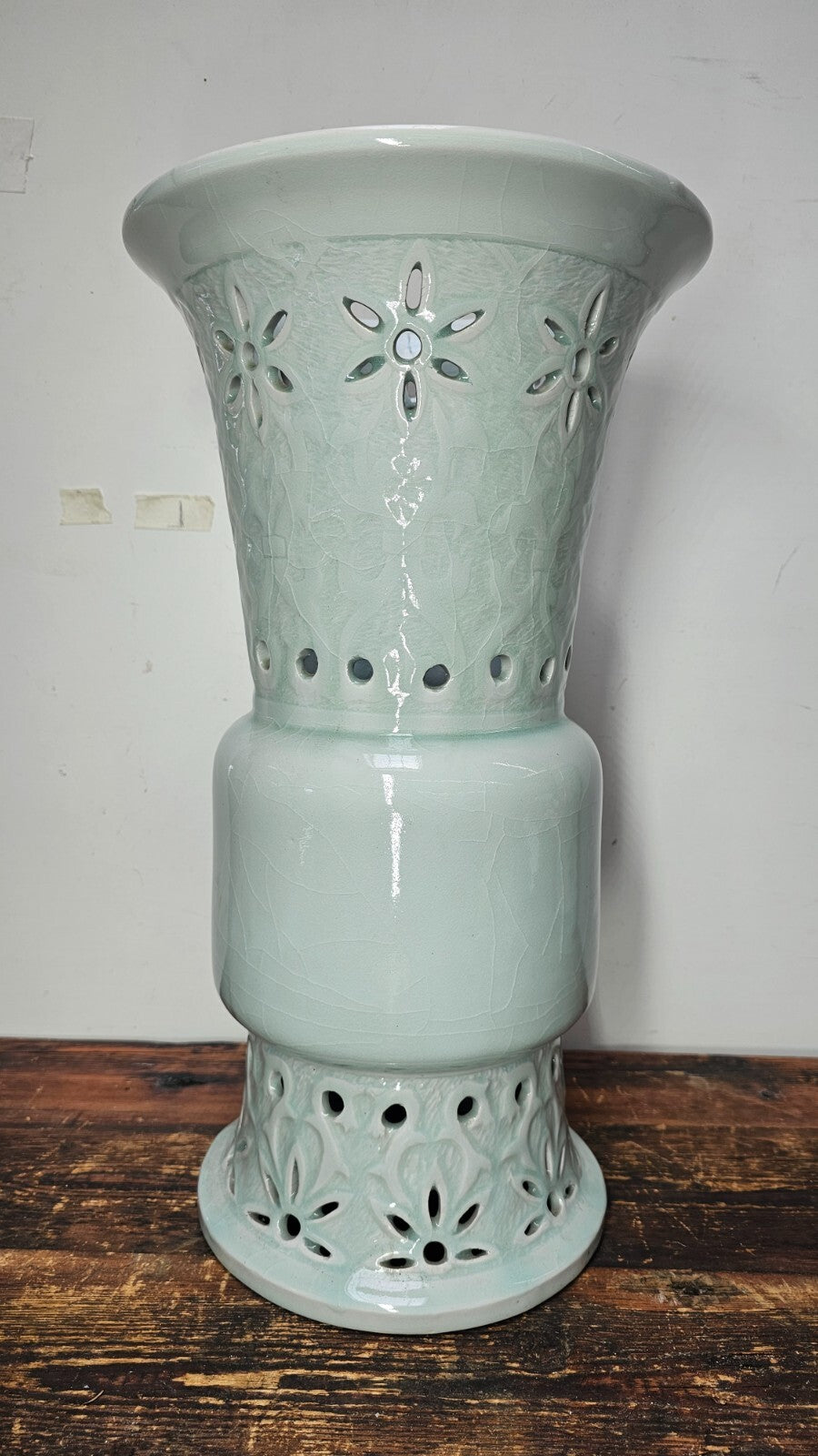 Chinese Gu Beaker Style Celadon Vase Footed Flower Vase 19.75" H