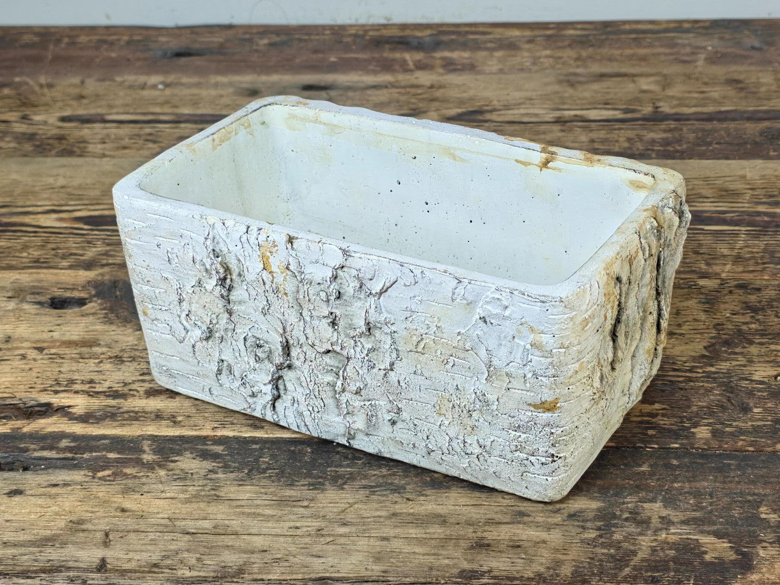 Birch Bark Texture Cement Planter – Rustic White Rectangular Pot 8.5"