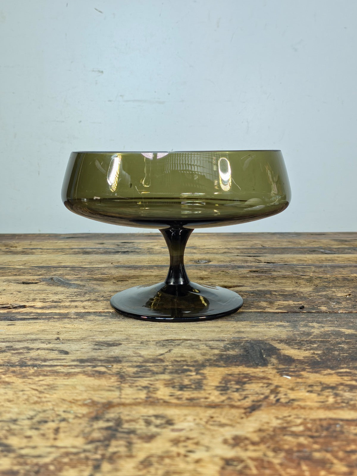 Vintage Olive Green Art Glass Compote Bowl Hand Blown Mid-Century Pedestal Dish