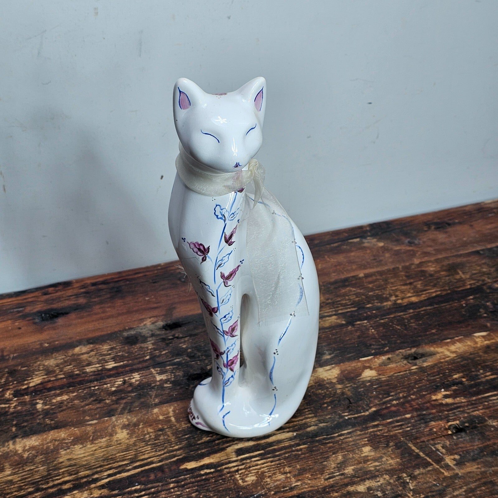 Vintage Porcelain Cat Figurine Hand-Painted Floral Signed 12" H (Has Damages)