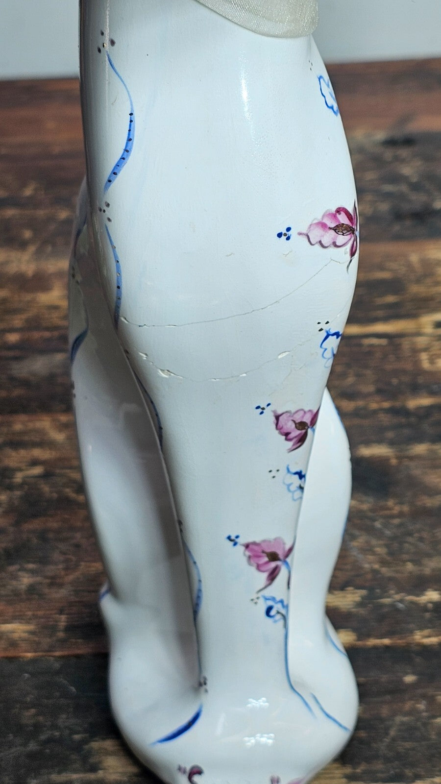 Vintage Porcelain Cat Figurine Hand-Painted Floral Signed 12" H (Has Damages)