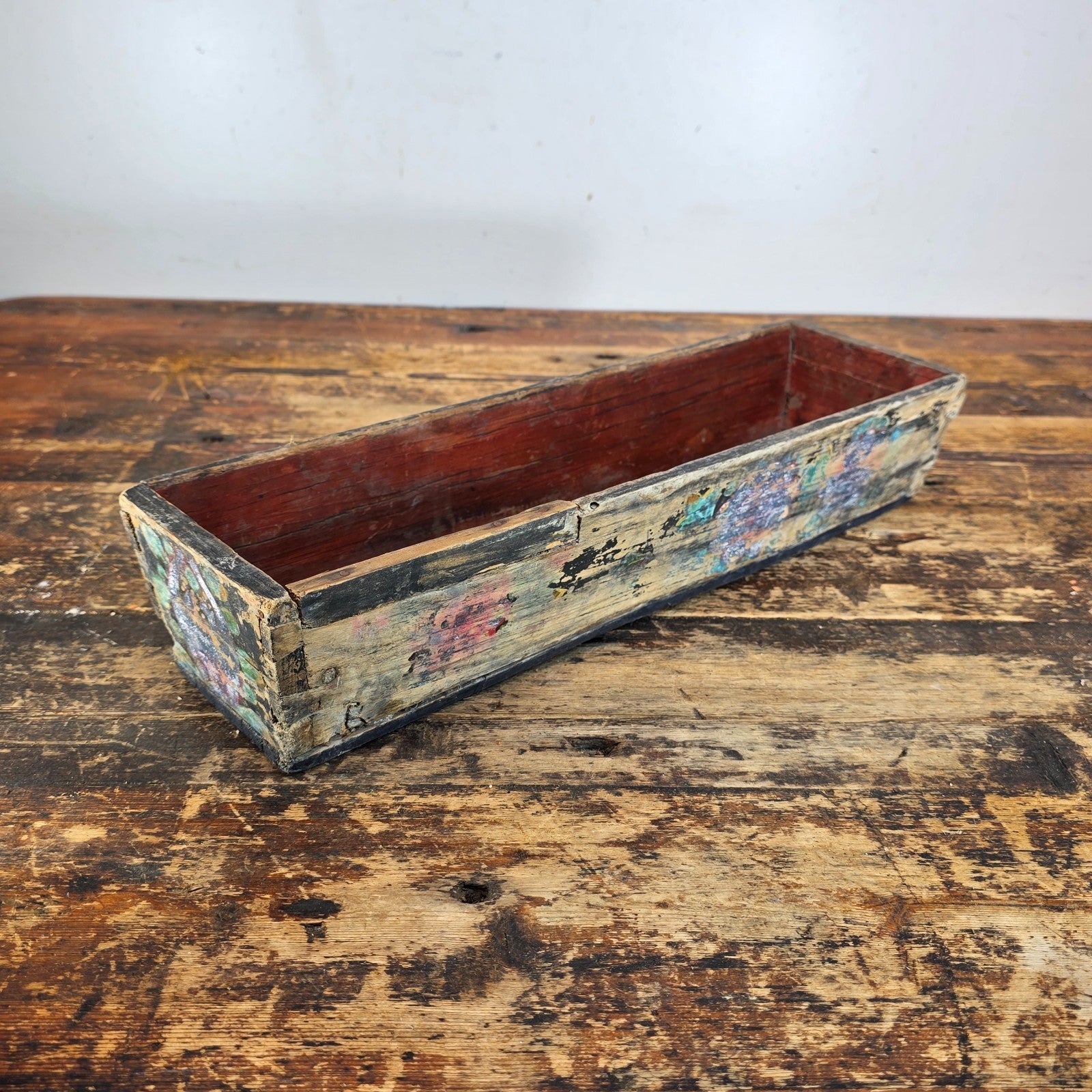 Antique Folk Art Hand-Painted Wooden Box (Floral Motif / Early 1900s) 18"L × 5"W