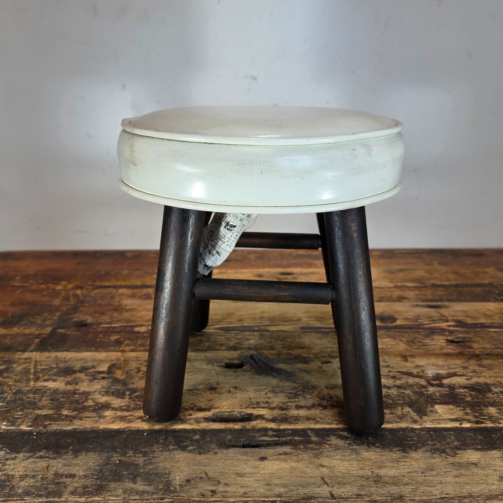 Vintage Wooden Stool with White Cushion (Continental Seat, Inc.) 10"Dia x 10.5"H
